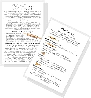 Wood Therapy Body Contouring FAQ Infocard | 30 Pack | 4x6” inch Large Postcard Size | Wood Therapy Client Handout | Fascia Massage White with Wooden Icons Design