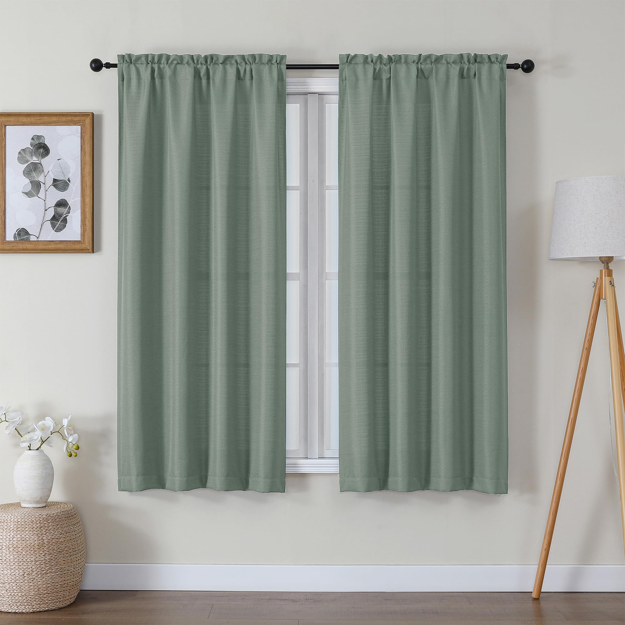 Lecloud Bessie Sage Green Curtains 63 Inch Length 2 Panels, Gentle Classical Light Filtering Faux Linen Textured Curtains, Airy Rod Pocket Drapes for Bedroom Living Room, Each 40" W x 63" L