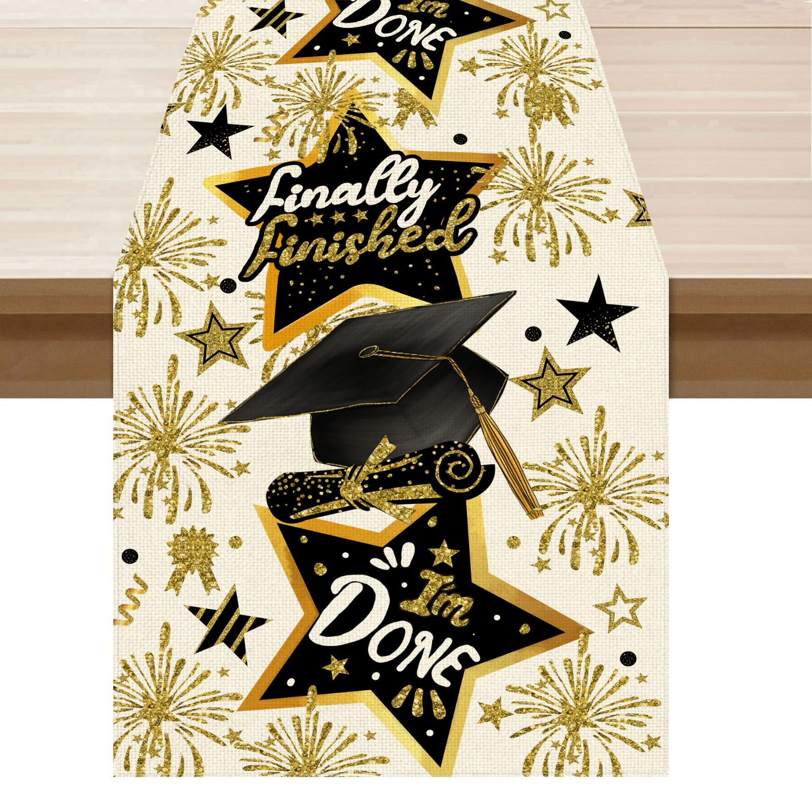 Photo 1 of XCHI Finally Finished Grad Cap Firework Graduation Table Runner Table Decoration for Party Home Kitchen Dining Holiday Decor 13x72 Inch