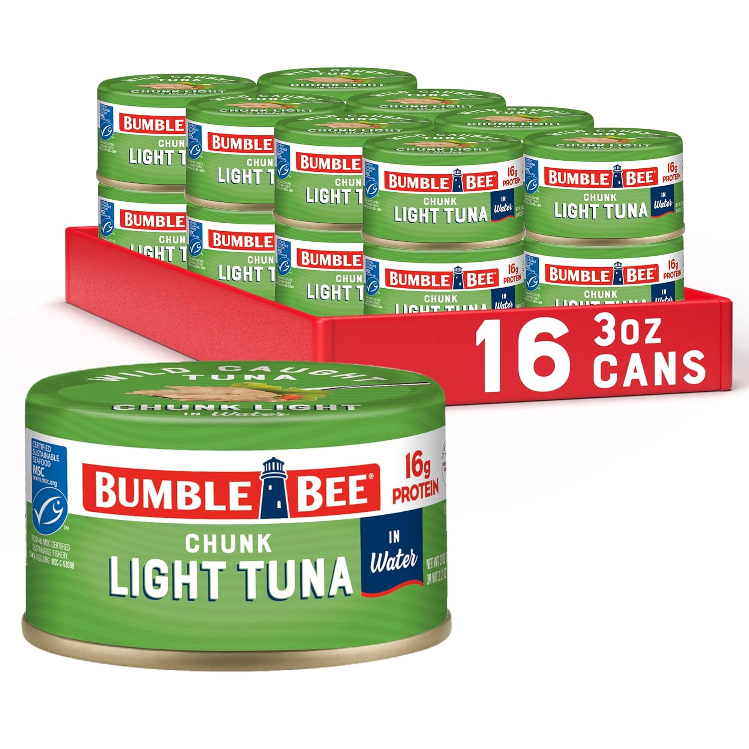 Bumble Bee Snackers - 16g Protein per Serving - Ready to Eat - Wild Caught Skipjack Chunk Light Tuna for Snack, Salad, Korean Tuna Bowl - 3 oz Easy Open Can (Pack of 16)