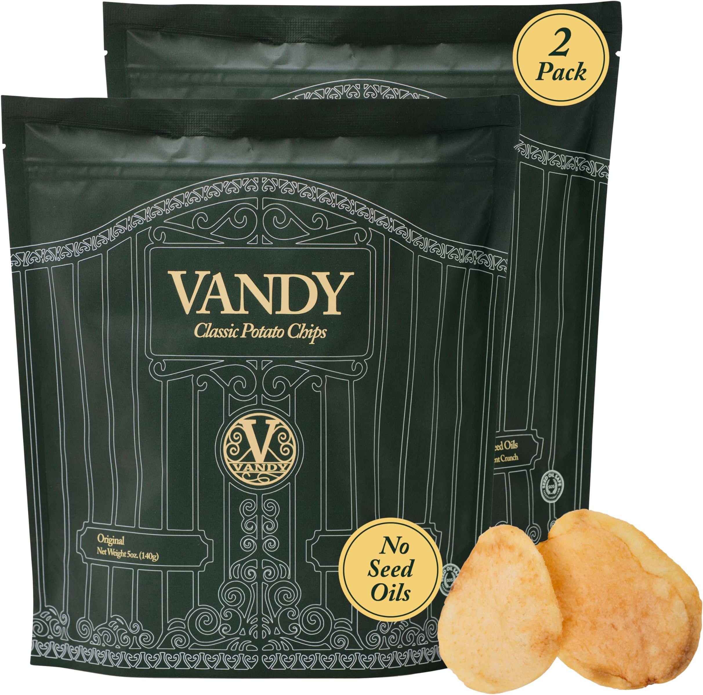 Vandy Crisps Potato Chips - Vegetable & Seed Oil Free Snacks - Gluten Free Potato Chip - Healthy Chips Made with Potatoes, Grass-Fed Beef Tallow, and Sea Salt - 2 Pack, 5 Ounce Each (Original)