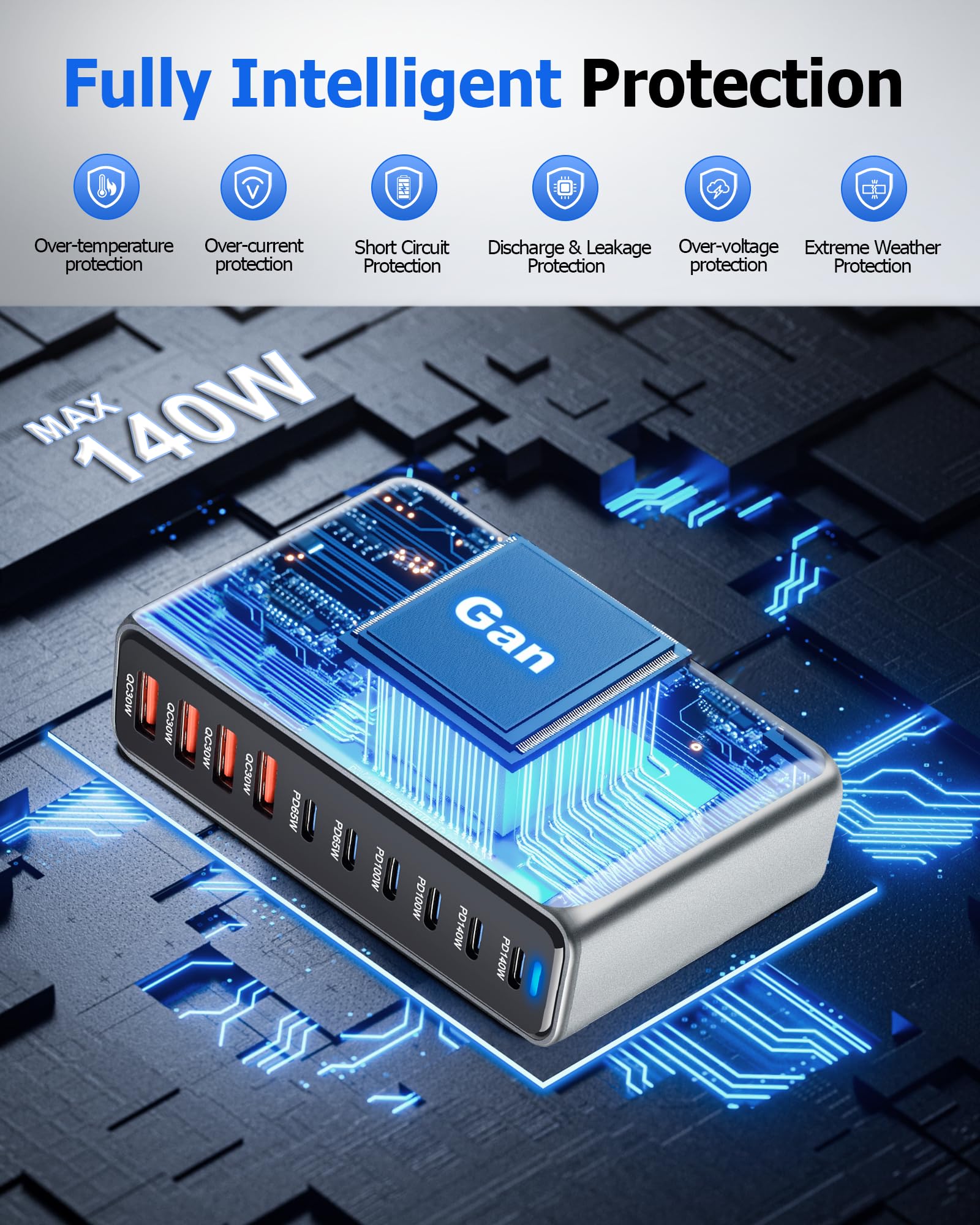 Chargeur GaN Desktop 730W, Station de Charge Rapide 10 Ports