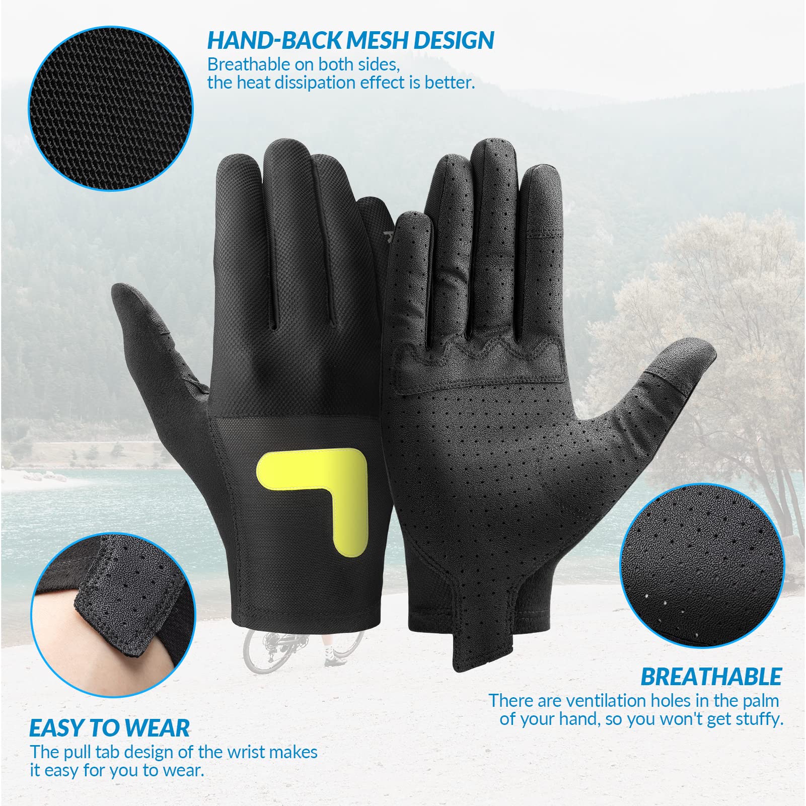 ROCKBROS Guantes de Ciclismo Pantalla Táctil para Hombre Mujer, Guantes Largos de Verano Transpirables para Bicicleta Deportes, Negro