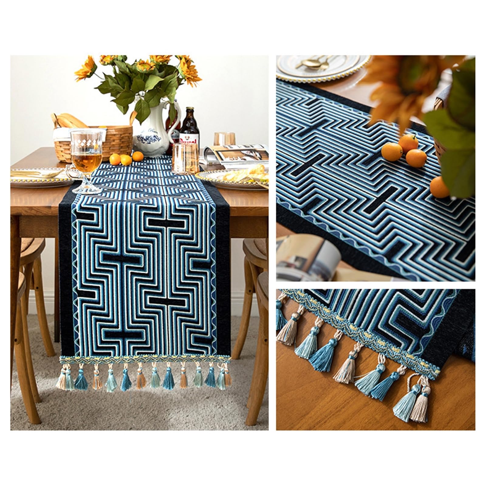 Camino de Mesa Rustico Poliéster, Caminos de Mesa Decorativo Salon 35x240 cm, Jacquard con Aspecto de Lino Y Rayas