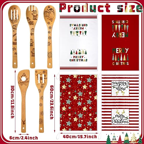 Miniatura 10 de Juego de 9 toallas de cocina de Navidad y cucharas de madera, paños de cocina a cuadros de búfalo, toallas de mano para camión de invierno, paños de