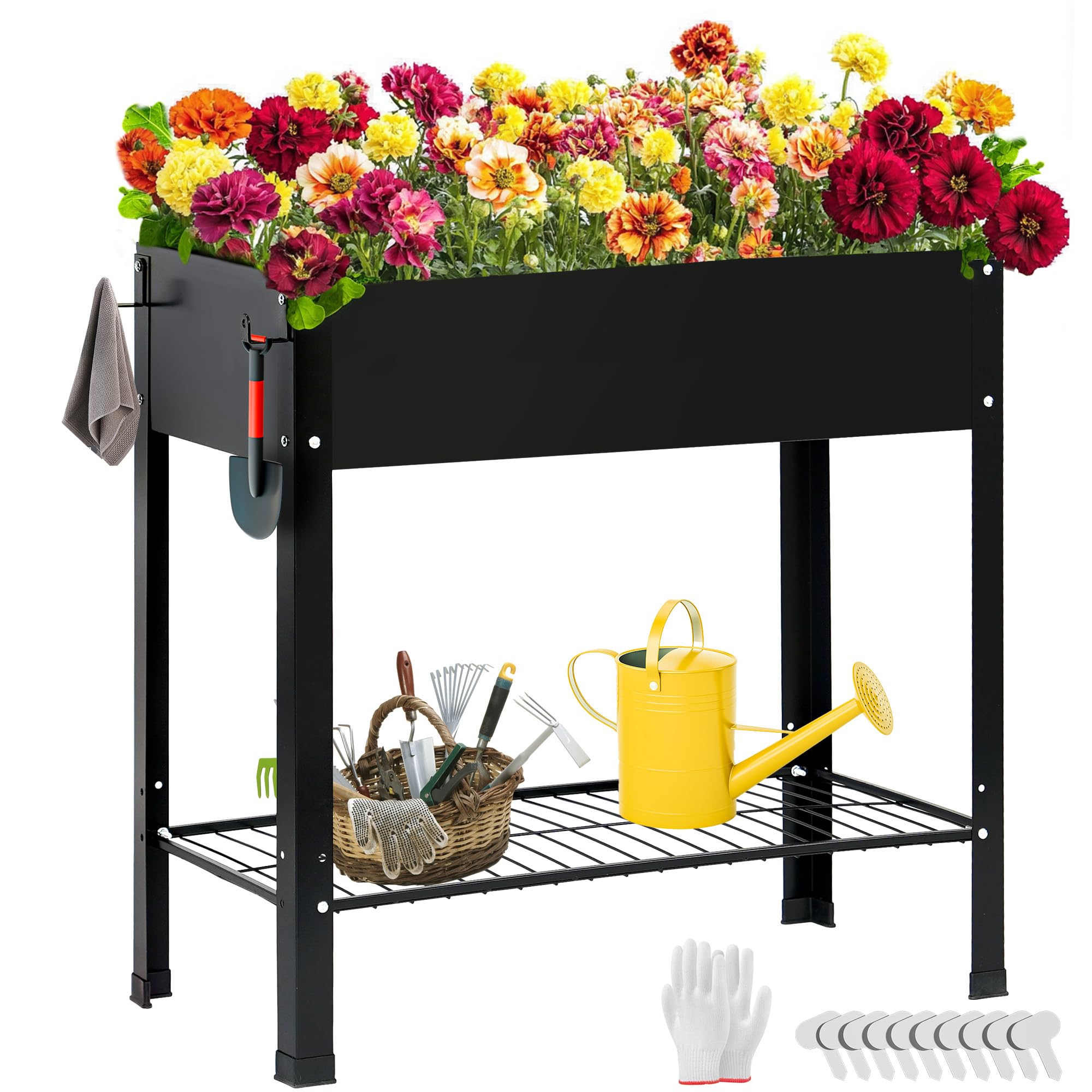 SogesHome Elevated Raised Garden Bed with Legs Outdoor Garden Planter Box Raised Beds with Storage Shelf for Vegetables, Flowers, Herbs Planting (Black-1 pcs)