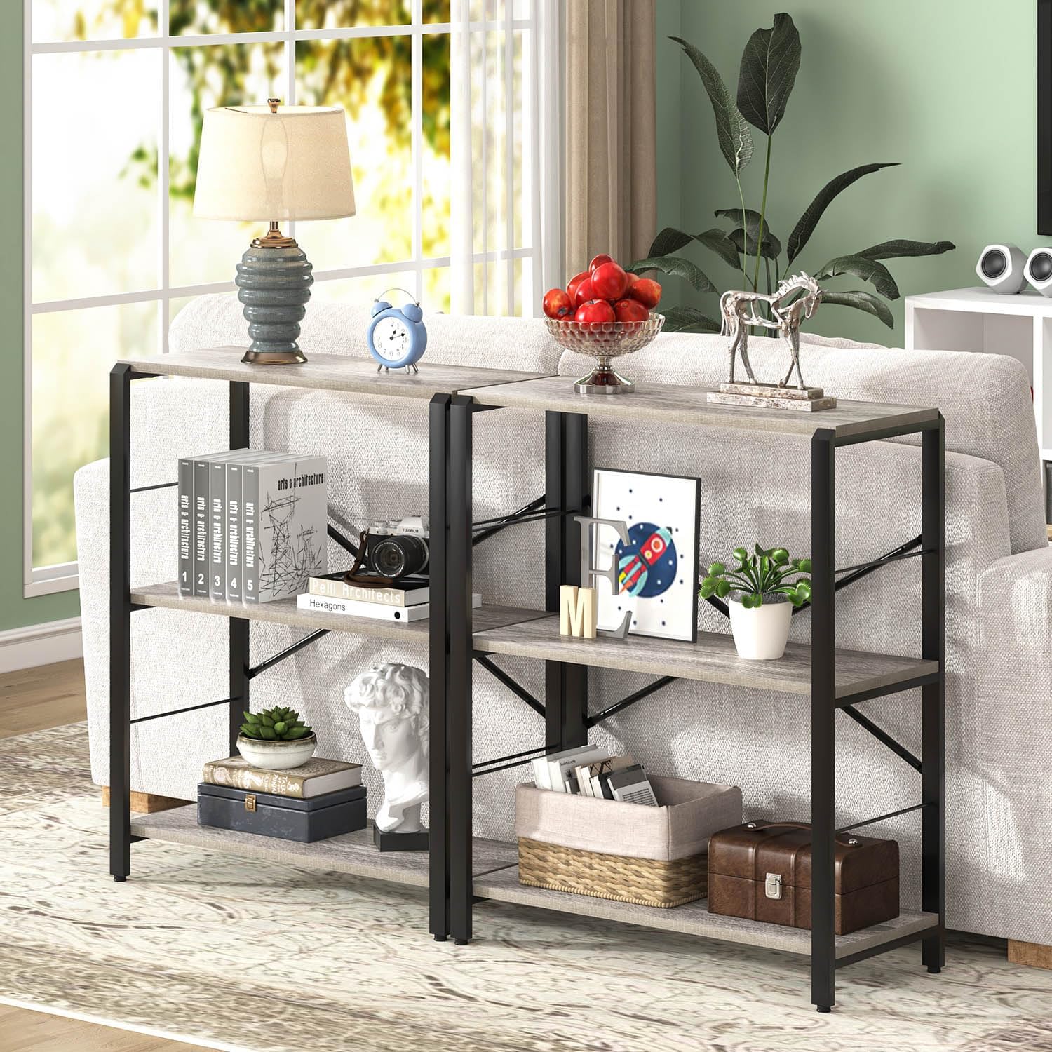 FOLUBAN Small Bookshelf and Bookcase, 3 Tier Low Short Book Shelves, Rustic Wood and Metal Shelving Unit for Small Spaces, Bedroom Living Room, Light Grey