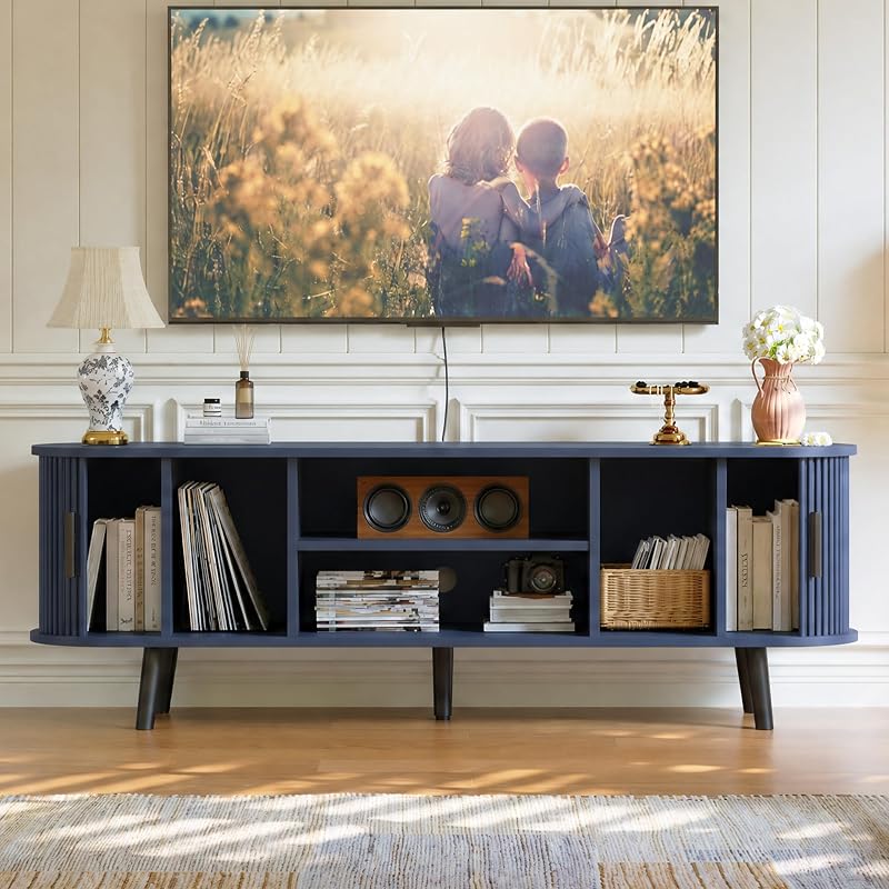 ChooChoo 54" Mid Century Modern TV Stand with Fluted Sliding Doors image 5