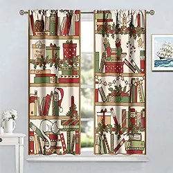 Cortinas de estante, desenho animado com tema de Natal gato dormindo na estante de livros livros impressões de biblioteca tratamentos de janela cortinas para quarto e sala de estar, conjunto