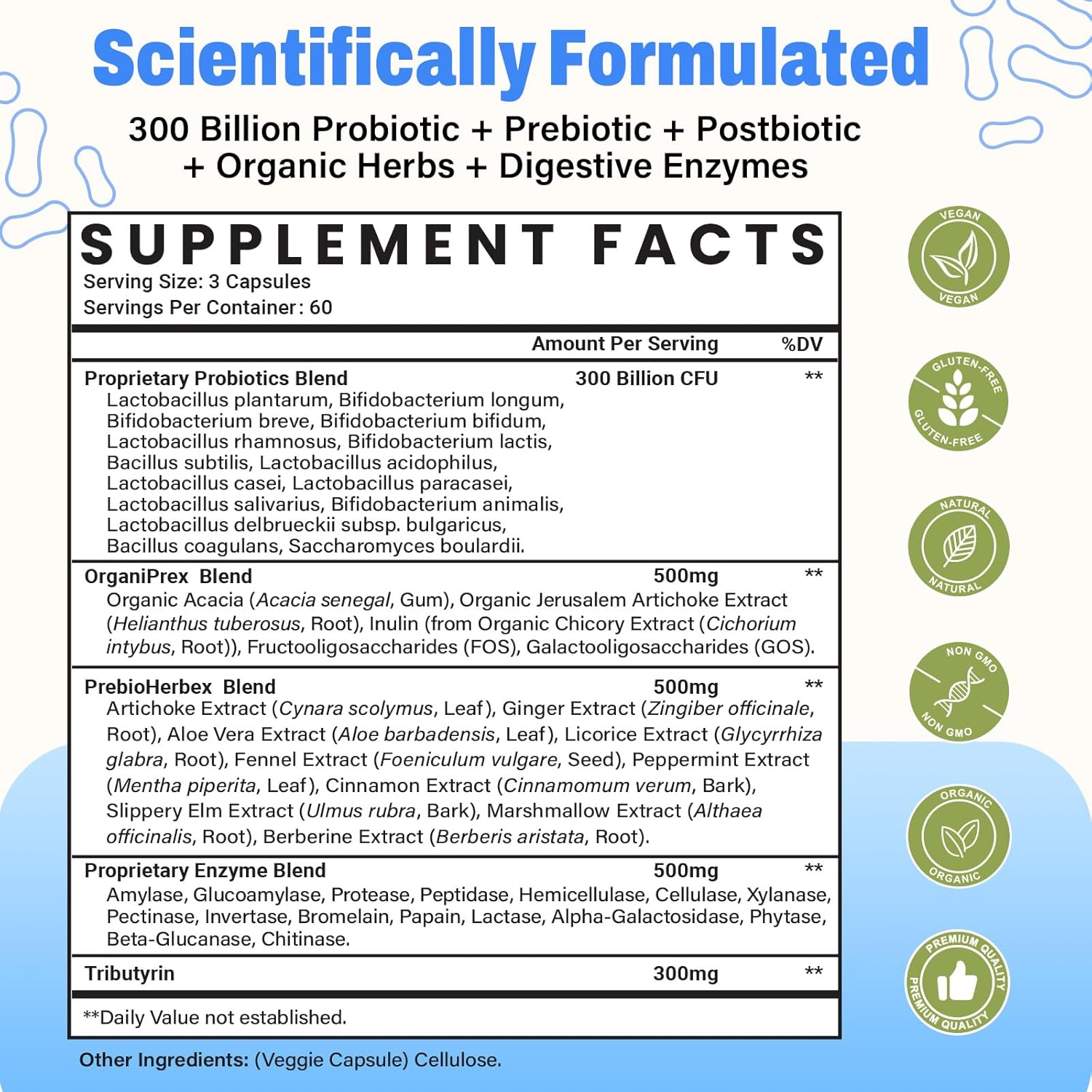 (180 Capsules) Probiotics for Women & Men, 5-in-1 Probiotic, Prebiotic, Postbiotic, Organic Herbs & 16 Digestive Enzymes Blend, 300 Billion CFU, Complete Gut Health, Digestive Health & Immune* - Image 2