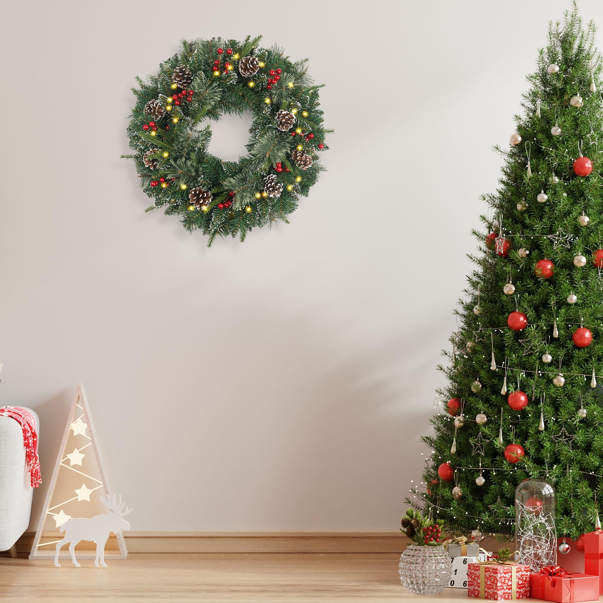 Corona de Navidad Nevada preiluminada de 24 Pulgadas con 50 Luces y Cono de Pino, Coronas de Navidad Artificiales para Puerta Delantera con Luces, Corona para decoración de Navidad, Puerta, Ventanas,