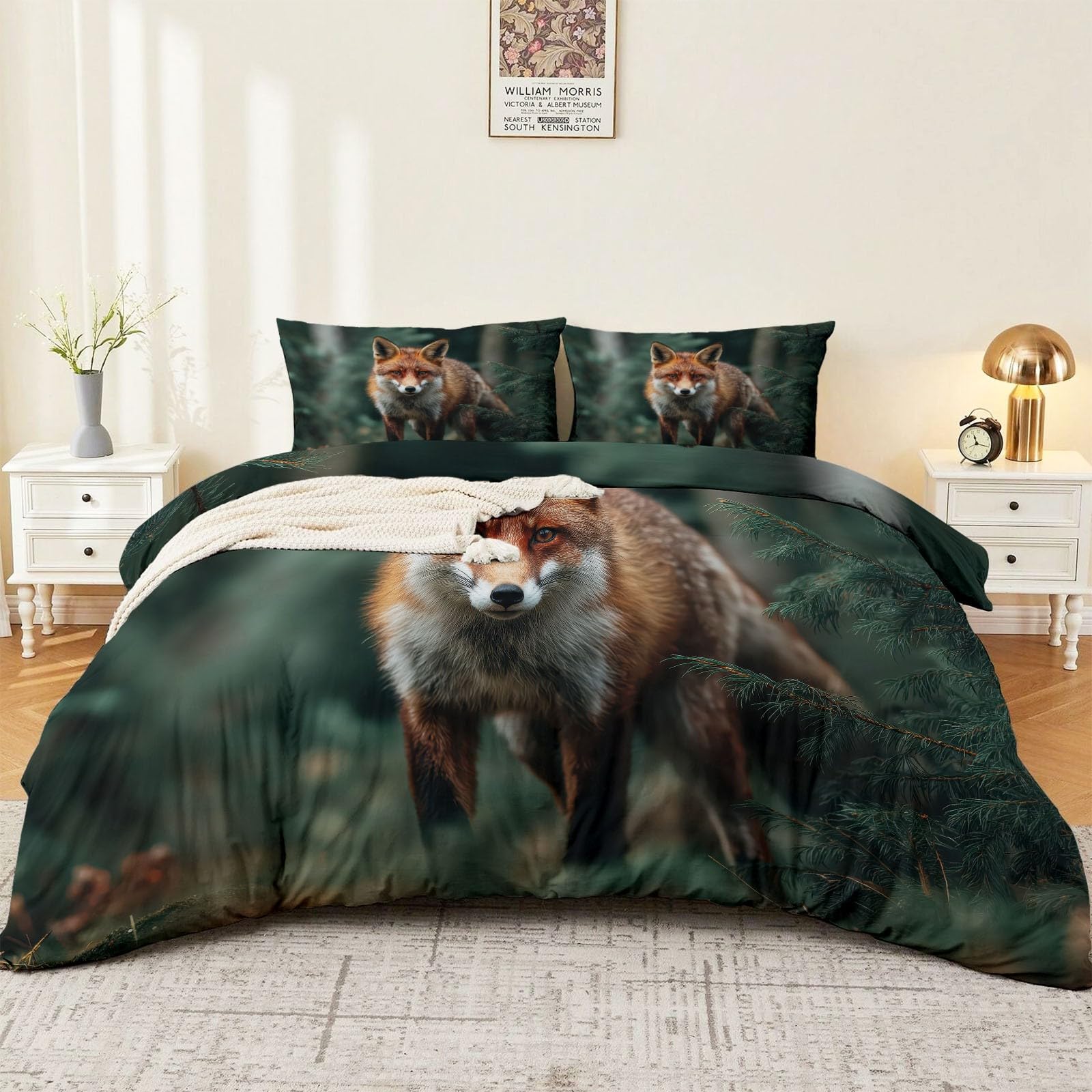 Nowoczesny zestaw pościeli 240 x 220 cm, puszysta pościel z mikrofibry z lisem, dzikimi zwierzętami, realistyczny wzór, poszewka na kołdrę z zamkiem błyskawicznym i poszewką na poduszkę 80 x 80 cm, do