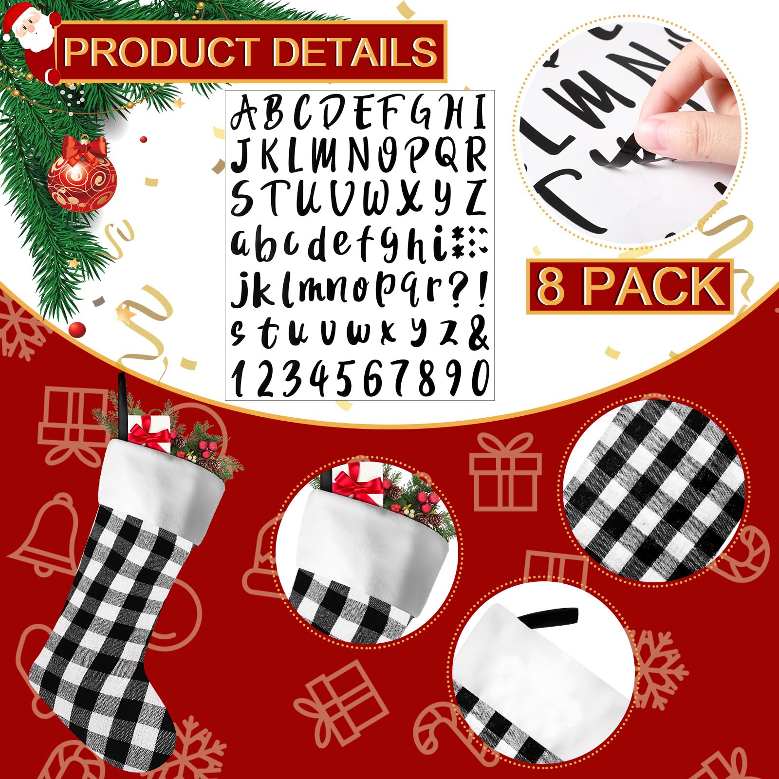 Tatuo Lot de 12 chaussettes de Noël en toile de jute de 43,2 cm, décorations de Noël à suspendre avec 4 feuilles d'autocollants en vinyle avec lettres noires (noir et blanc)