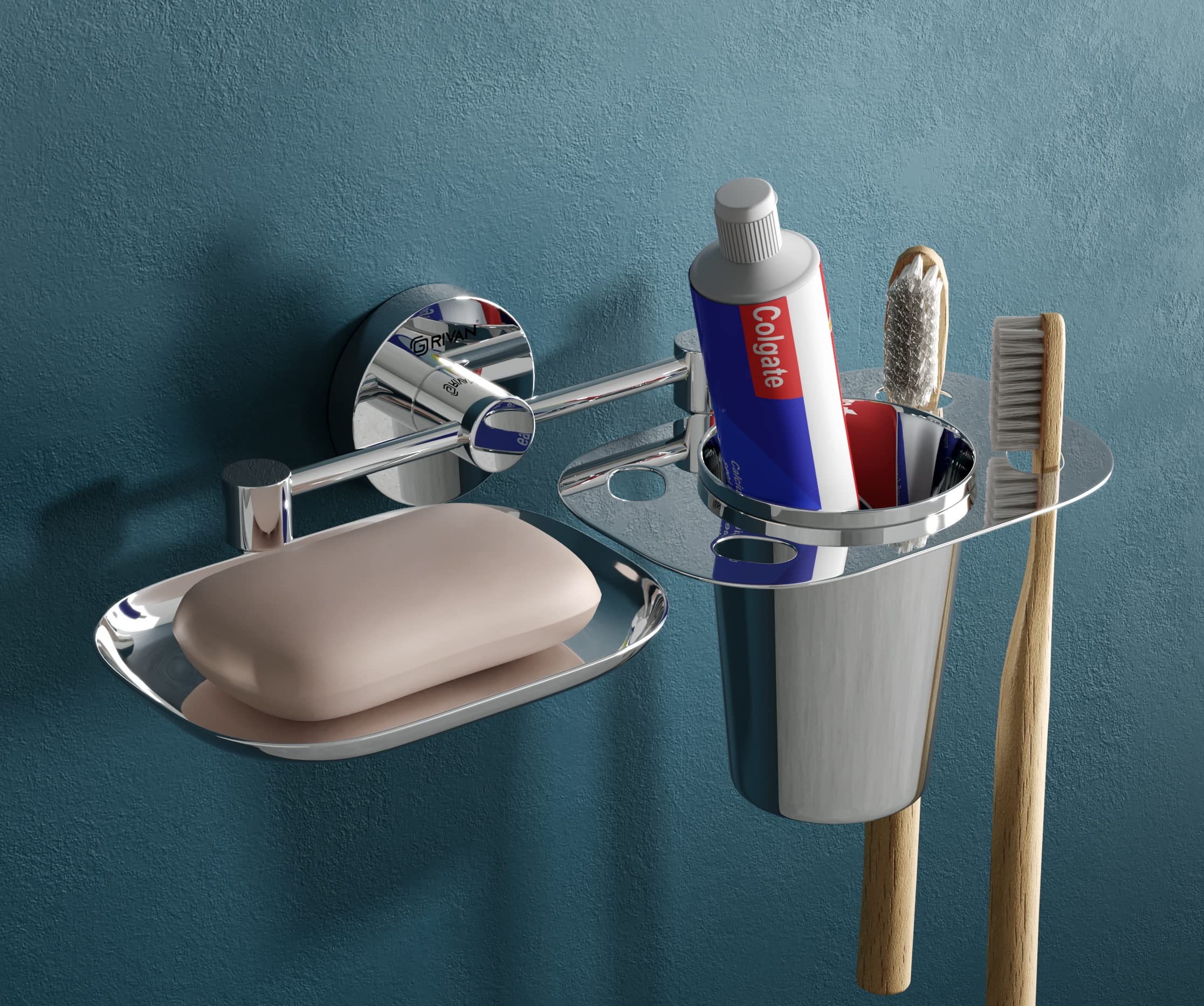 GRIVAN Stainless Steel 2 in 1 Soap Dish with Tumbler Holder/Soap Stand/Tooth Brush Holder/Bathroom Accessories(Chrome) - Pack of 1