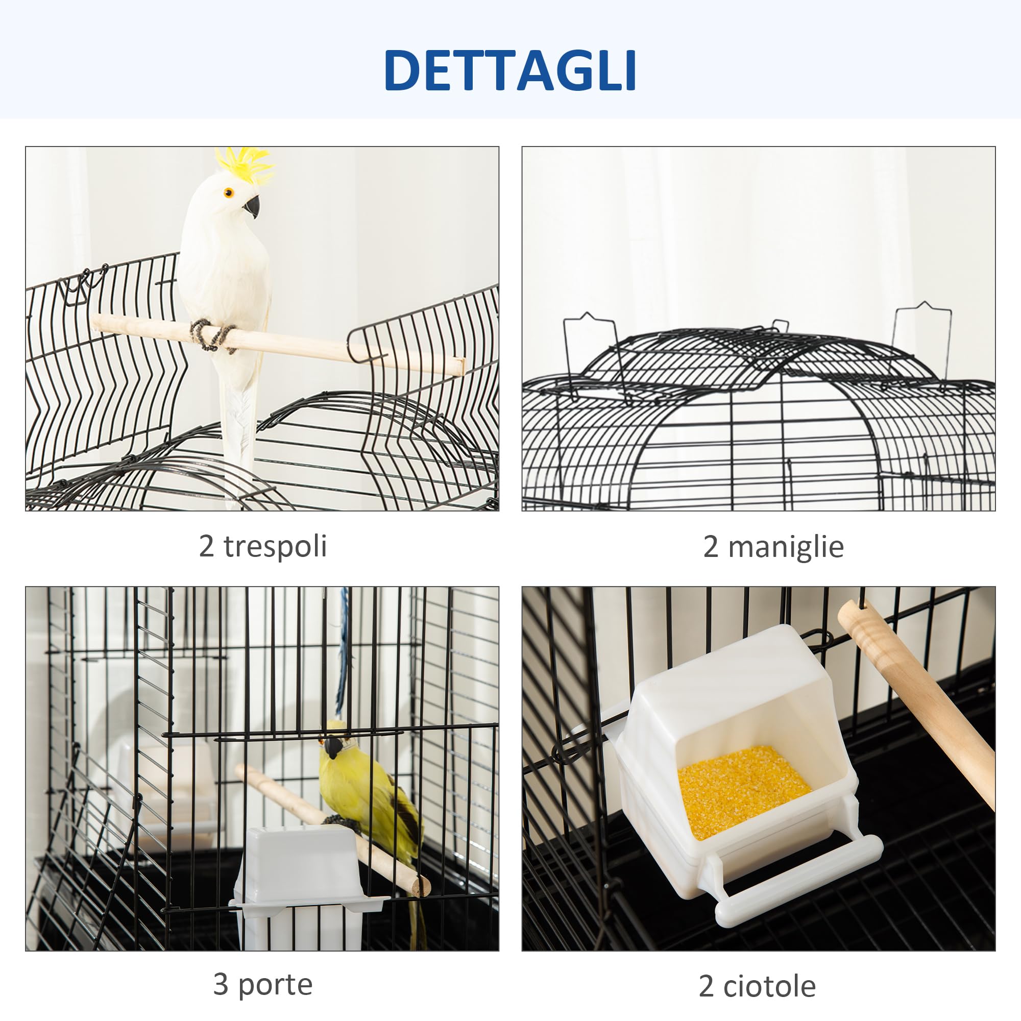 PawHut Gabbia per Uccelli con 3 Posatoi, 2 Ciotole e 2 Porte Laterali, Gabbia per Animali in Acciaio, PP e Legno, 46x36x130 cm, Nera
