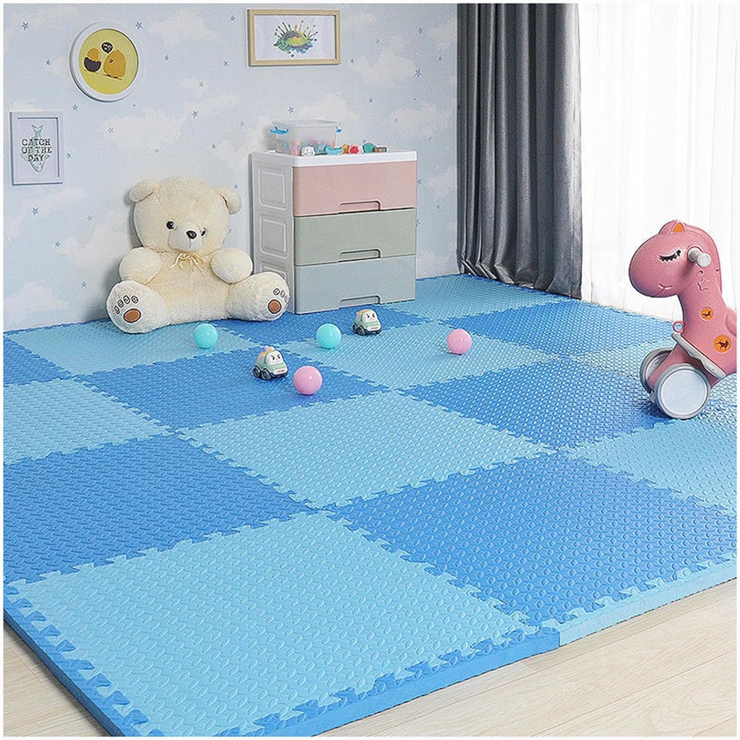 JvFbjLF 10 Pcs 30cm/60cm Foam Floor Tiles Square Interlocking Floor Mat DIY Puzzle Play Mat(Blue+Light Blue,24x24inch)