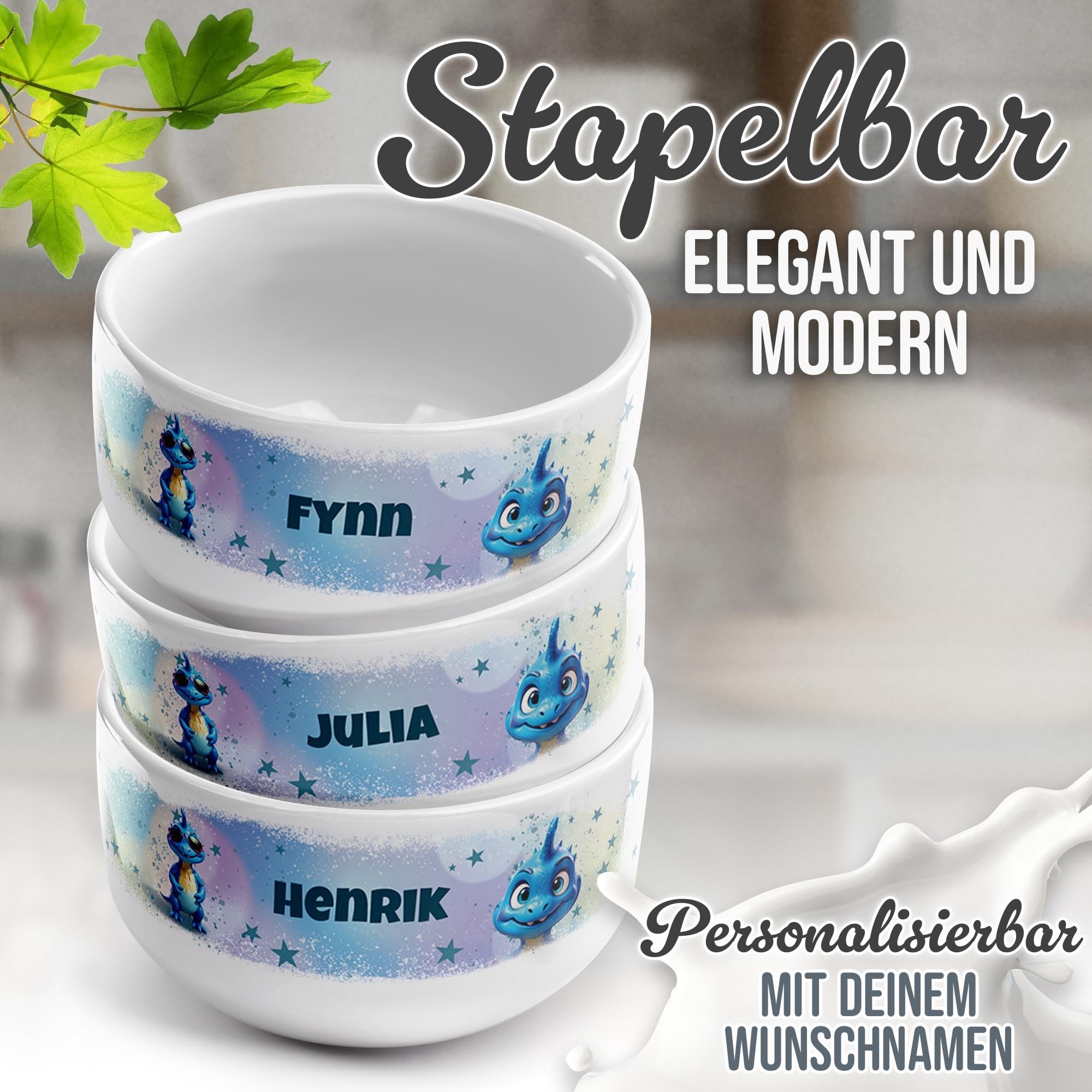 Print Royal PR Kinder-Müslischale mit Name personalisiert - Blauer Dino - Geschenk für Mädchen und Jungen, Kindertag, Weihnachten, Geburtstag | Keramik Schüssel selbst gestalten, 500 ml