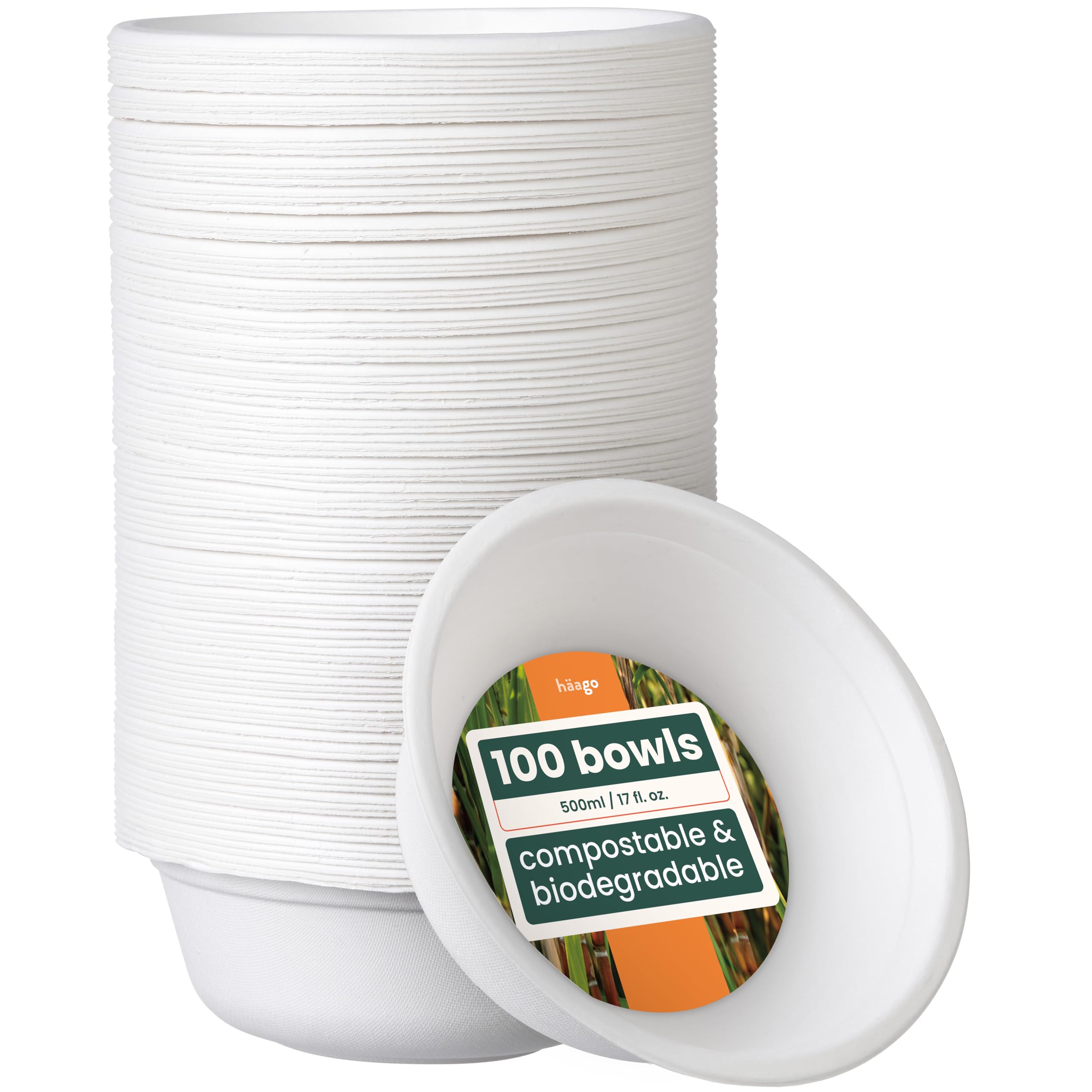 100 Biodegradable Sugarcane Bagasse Bowls, 500ml - Strong Paper Bowls - Leak-Resistant, Eco-Friendly, Compostable & Disposable Party Bowl for Soup & Dessert, Hot & Cold Food