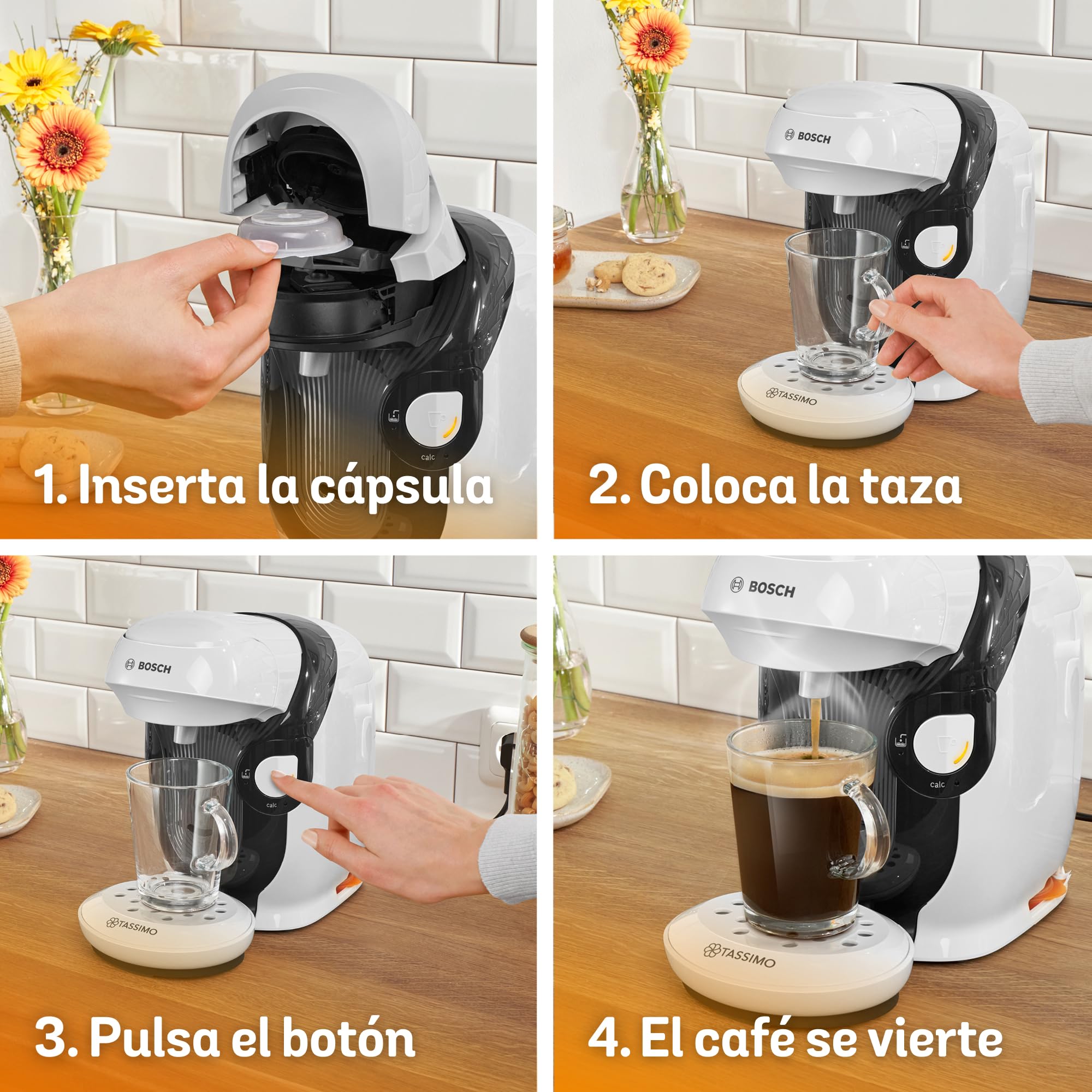 Bosch Cafetera multibebida Tassimo Happy Friendly, Hasta 70 bebidas, OneTouch, Preparación individual, Diseño compacto, Intellibrew, Blanco, TAS114E