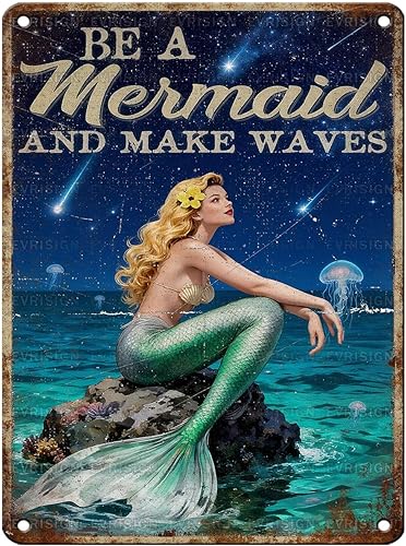 EVRISIGN Vintage Mermaid Tin Sign Be A Mermaid and Make Waves Retro Beach Wall Decor Funny Nostalgic Metal Poster Decorations for Home Cafe Bar