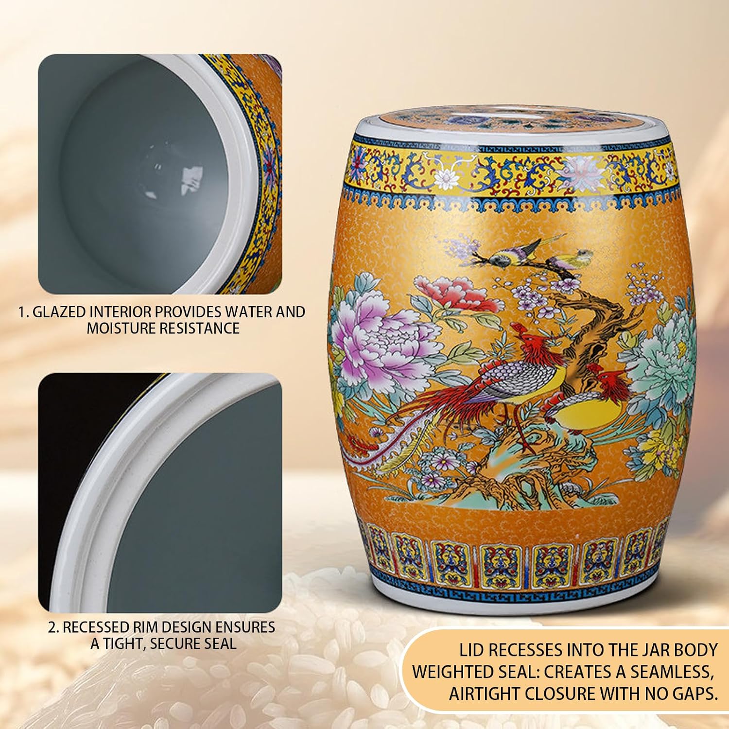 Ceramic Rice Jar with Lid，Large-Capacity, Airtight Household Grain Storage Container, A Traditional Chinese-Style Ceramic Jar Ideal for Storing Rice, Grains, and Various Ki Green 24*32.5cm/9.4*12.8in