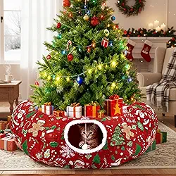 Túnel de gato, saia para árvore de Natal, cama de túnel para gatos internos com gola de floco de neve, caverna para gatos pequenos e médios filhotes sob árvores de Natal, presente de