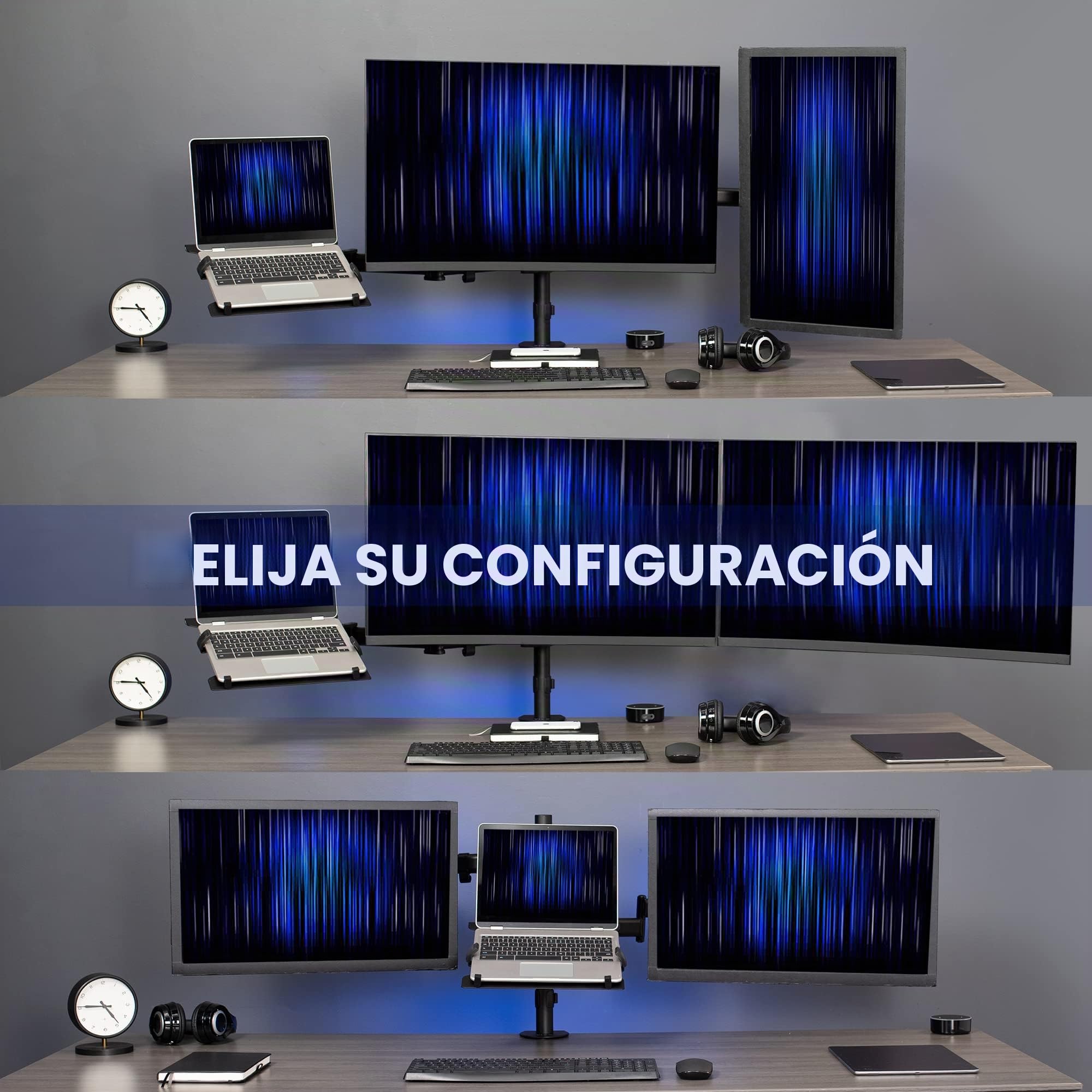 Vivo Soporte Dual para Monitor + portátil para Pantallas de 13 a 27 Pulgadas y portátiles de 10 a 15.6 Pulgadas, visualización de Pantalla Triple, Brazos articulados, Negro, STAND-V013L