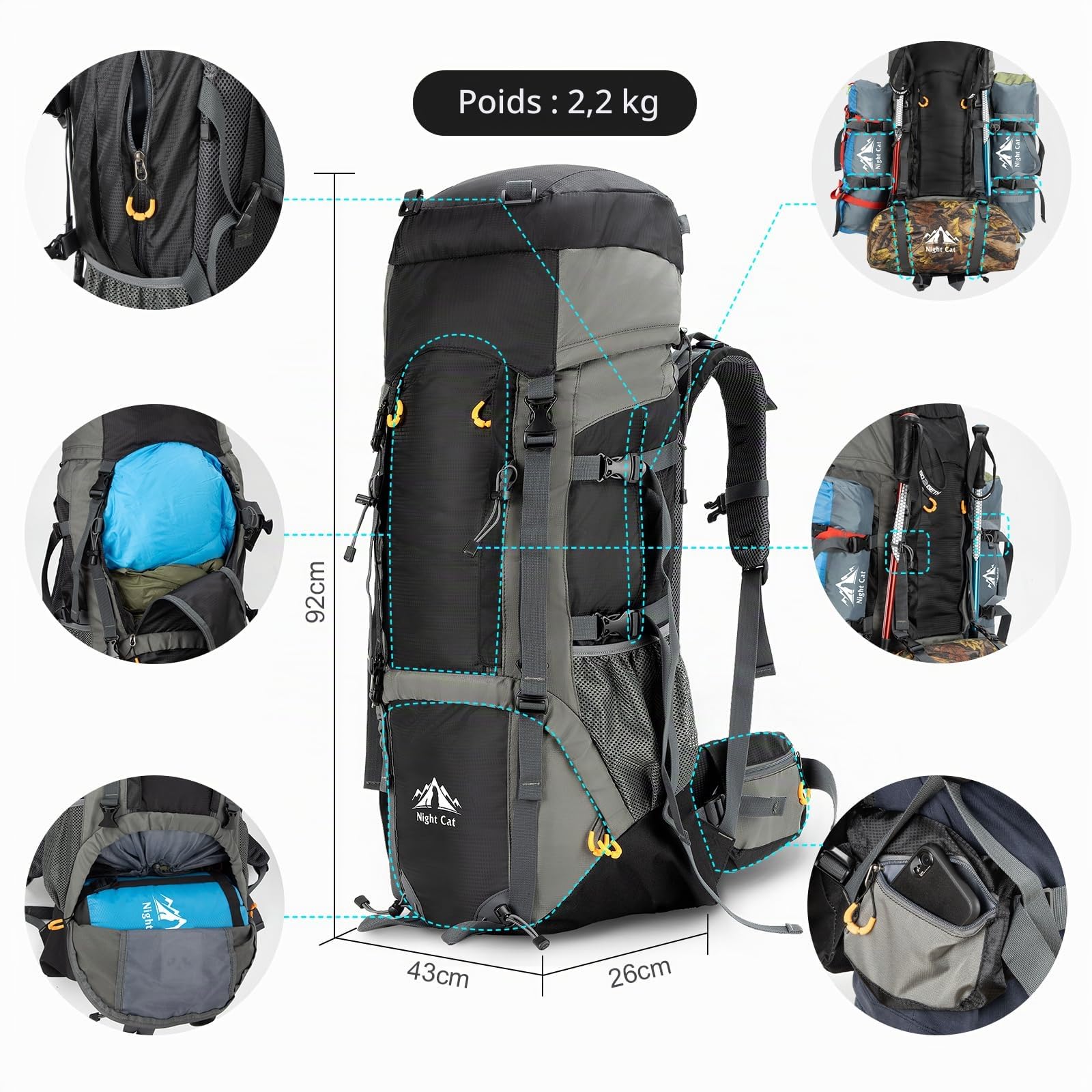 Night Cat 70L 90L Sac à Dos de Randonnée Trekking avec Housse de Pluie pour Homme Femme Camping Pédestre Voyage et Alpinisme