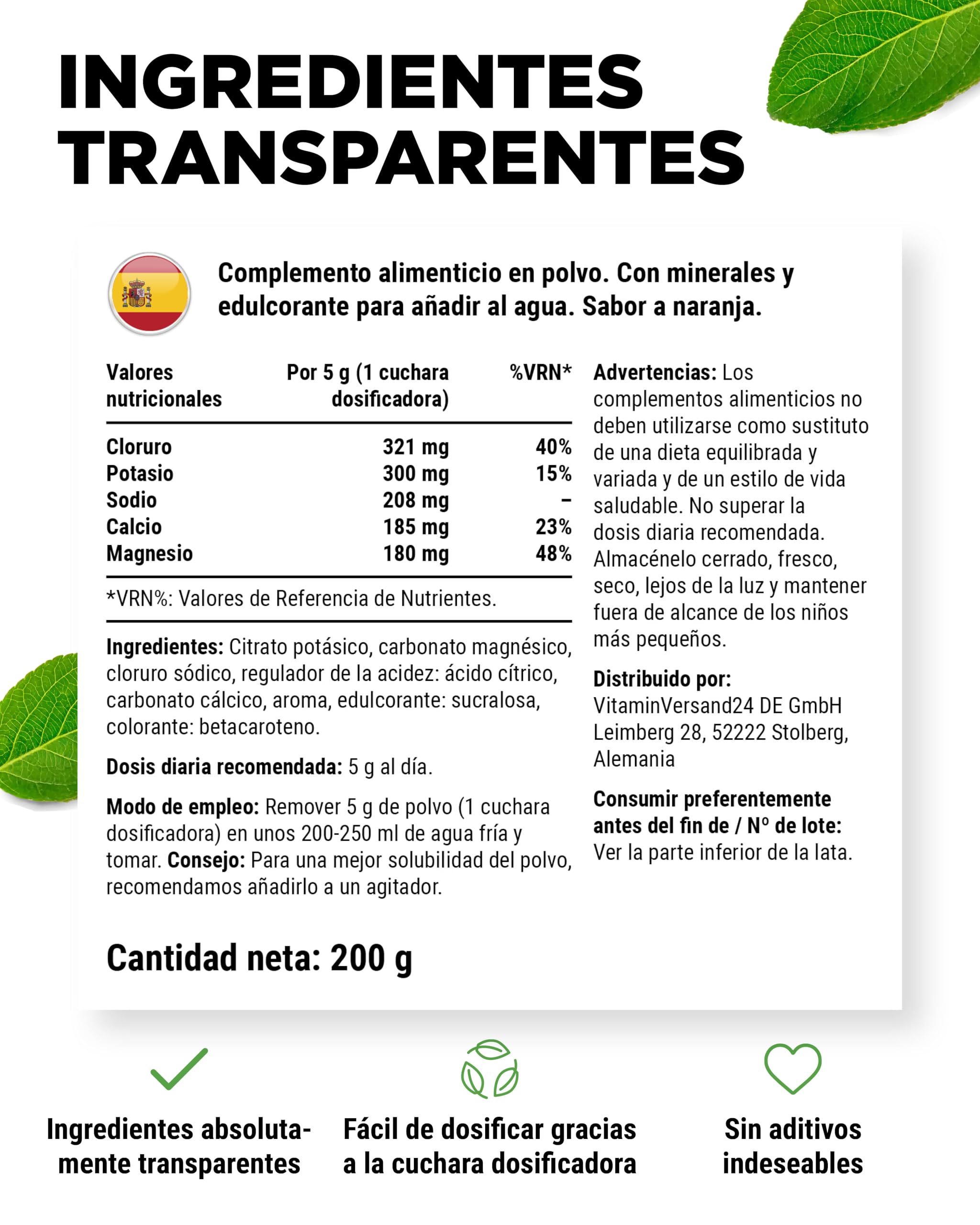 vit4ever Electrolitos - 200 g (40 Porciones) - Fórmula de Hidratación con Cloruro, Potasio, Sodio, Calcio, Magnesio - Sin Azúcar - Vegano - Sabor Naranja
