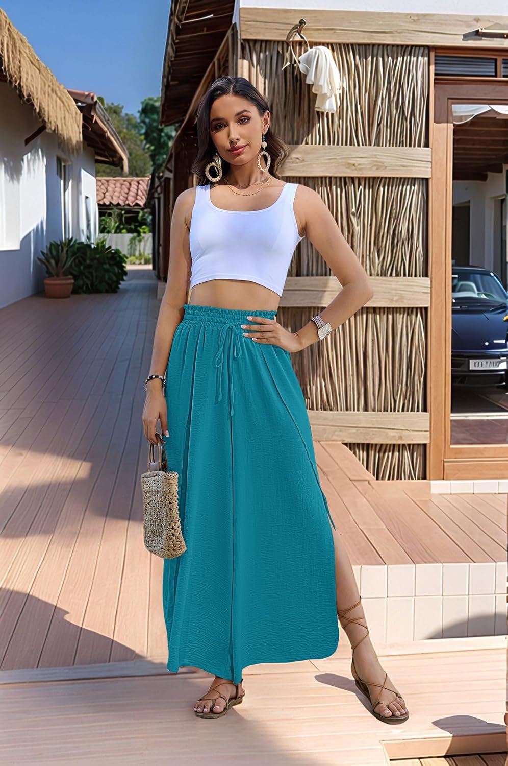 Bsubseach Cover Up Pants for Women 2025 Wide Leg Pants High Waisted Palazzo Beach Coverup Flowy Pant with Slits Trousers Peacock Blue - Image 4