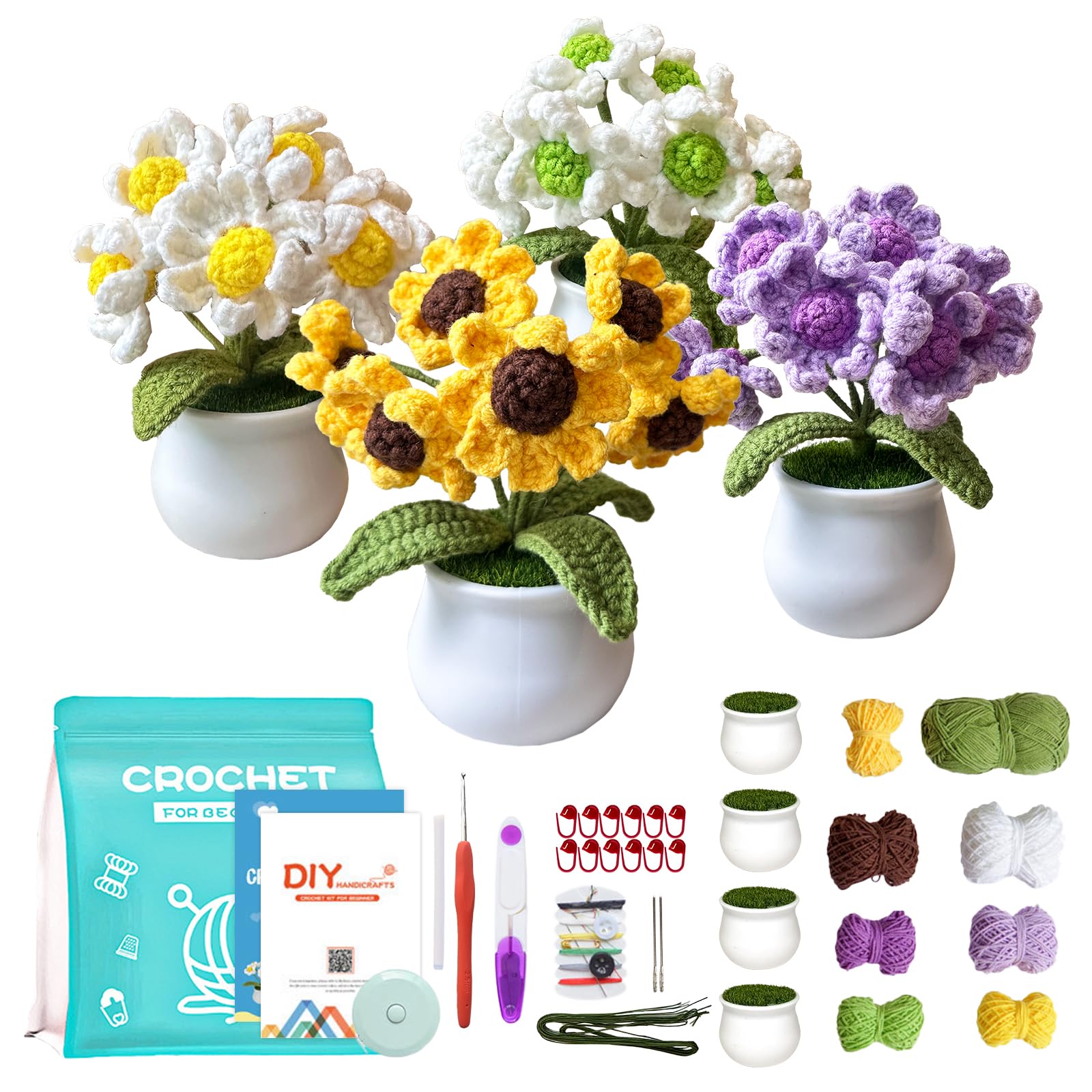 Madwave Kit de ganchillo para principiantes para adultos y niños, serie de 4 bonitas margaritas con juego completo de bricolaje, tutoriales en video paso a paso, hilo, gancho y todos los accesorios