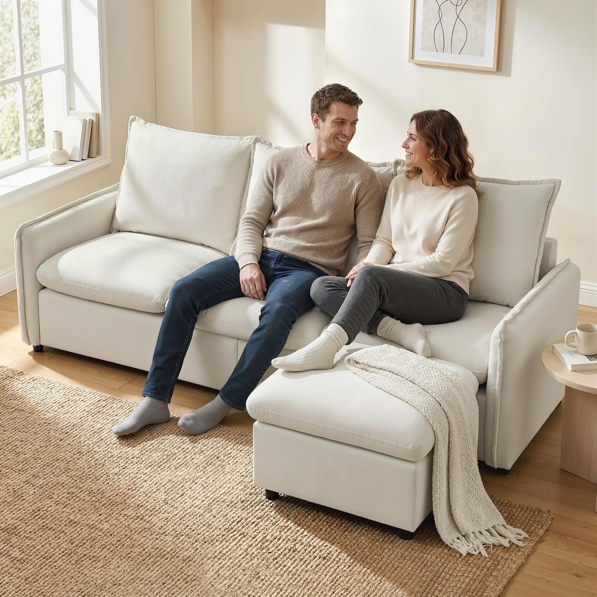 HOMCOM Divano Angolare 3 Posti Modulare Reversibile con Cuscini Crema | Divano ad Angolo, Tessuto Effetto Pelle Traspirante, Contenitore Poggiapiedi Rimovibile, Divano a L per Salotto, 212x125x84cm