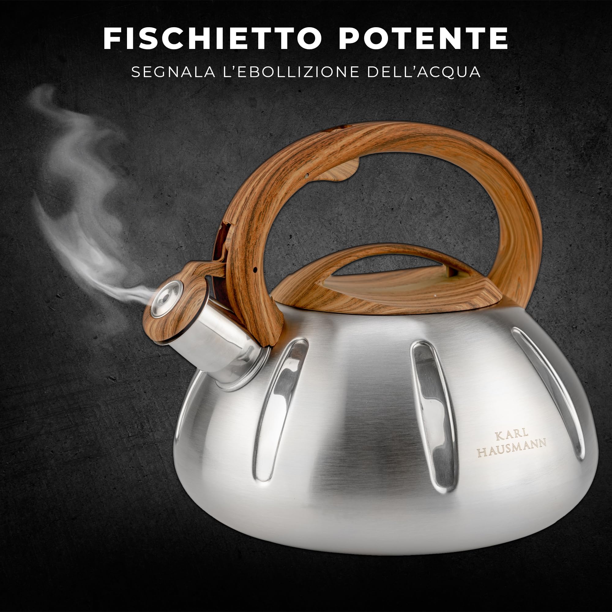 KARL HAUSMANN Bollitore Induzione 3L Acciaio Inox con Fischio - Teiera per Piano a Gas, Vetroceramica ed Elettrico - Bollitore Acqua Cucina con Coperchio