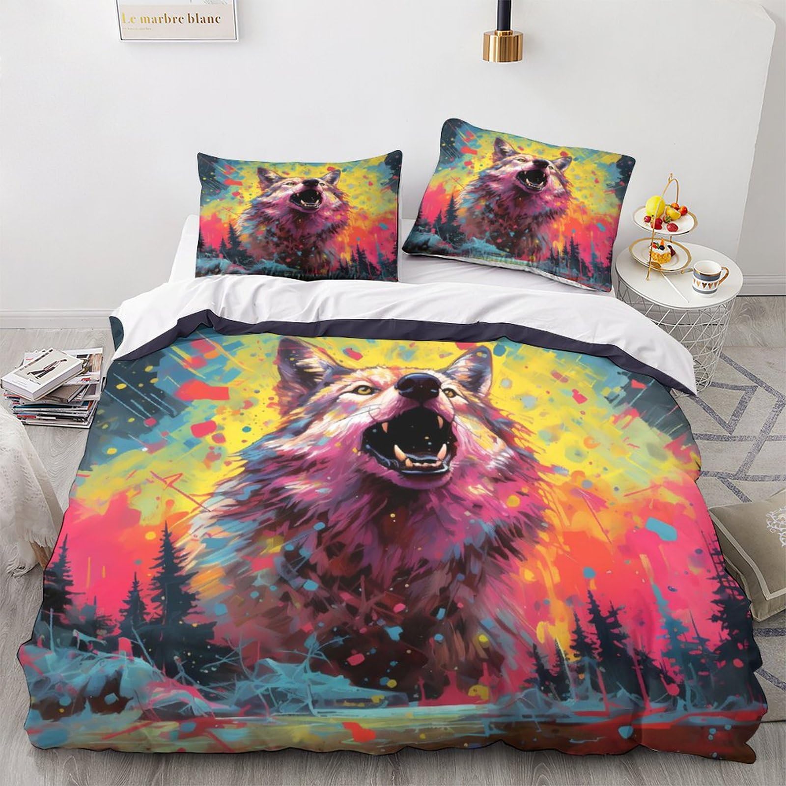 Housse de couette loup 3D 200x200cm avec 2 taies d'oreiller