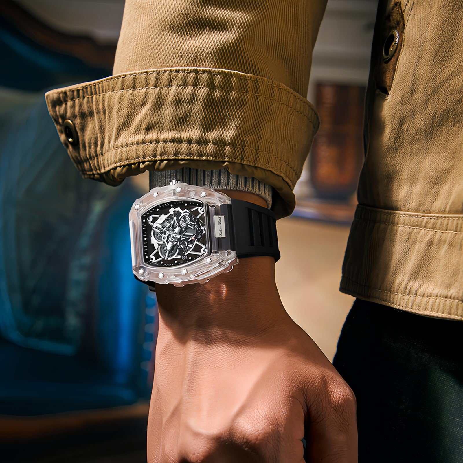 Gosasa Tonneau - Reloj de pulsera para hombre con pantalla analógica transparente, correa de silicona, calendario, cuarzo, impermeable, tendencia masculina