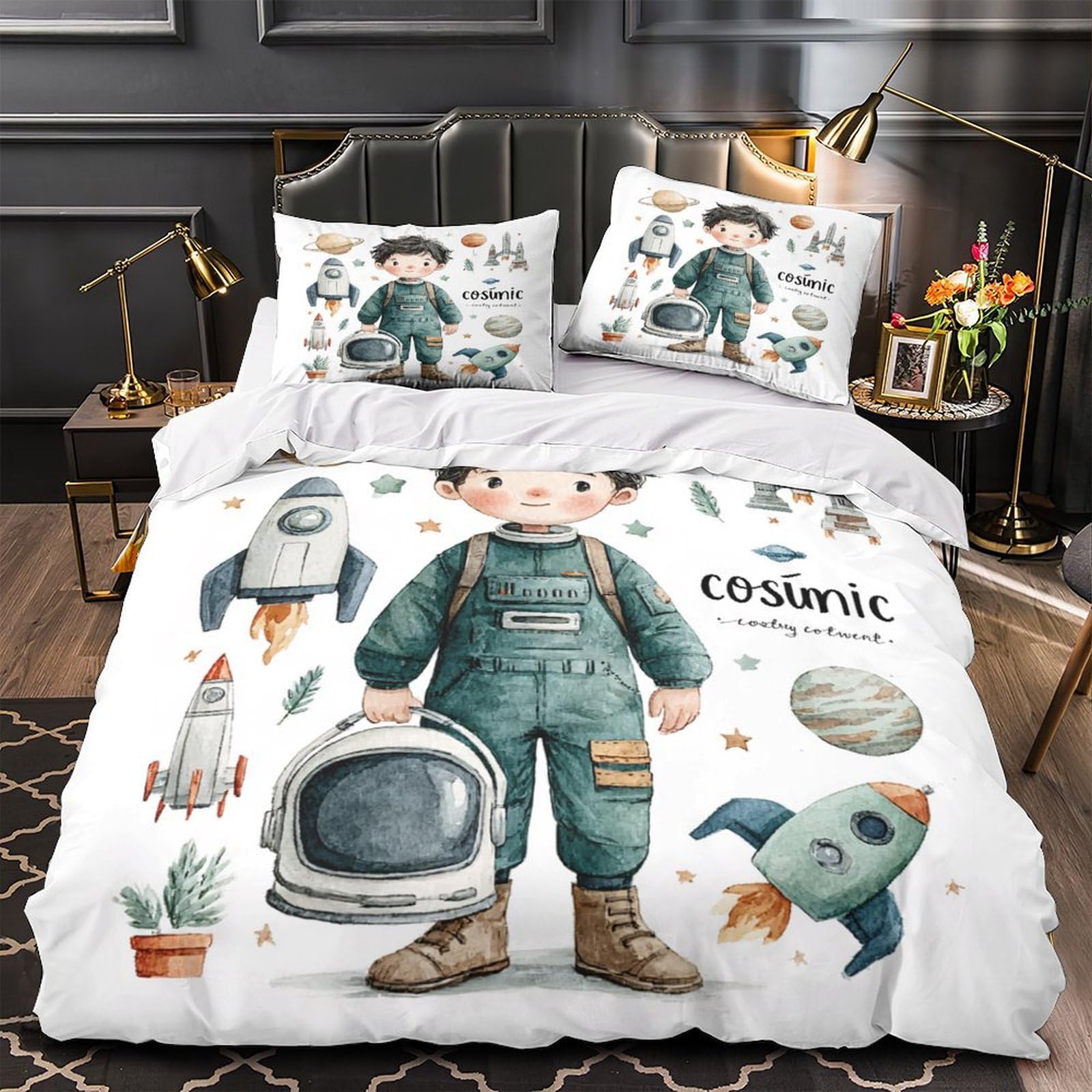 Space Kid Art Comforter Cover 3D Print Hypoallergenic 3PCs Bed Linen Hidden Zipper watercolor Illustration Duvet Cover Extra Soft Breathable for Teens Youth Adults Women Kids Boys King（220x240cm）