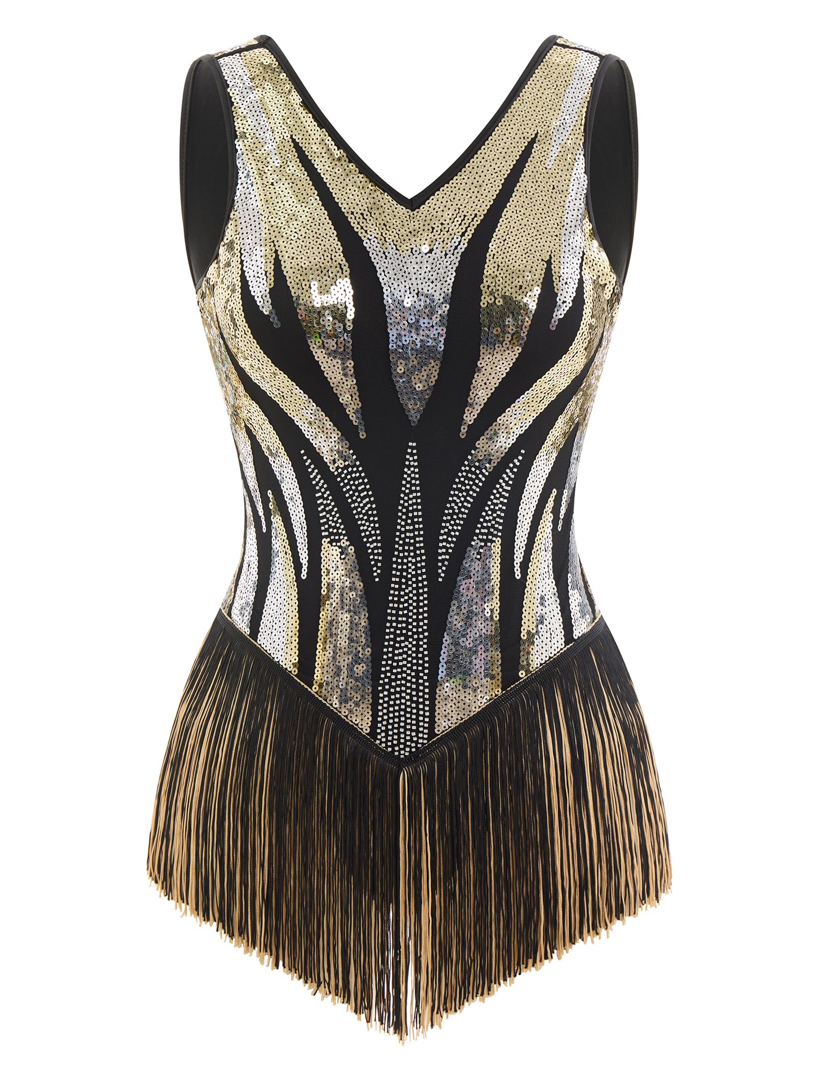 Salsa Latin Dance Kleid für Damen Pailletten Fransen Flapper Bodysuit 1920s Vintage Cocktail Jazz Akrobat Leotard Kostüm Gold XS