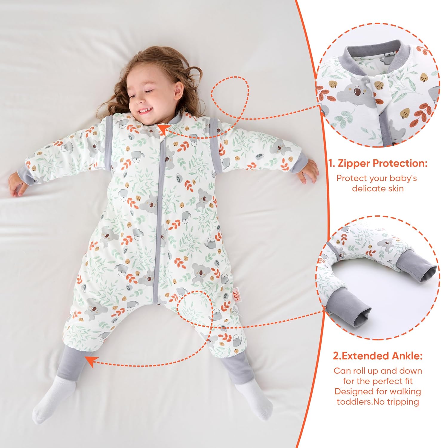 LAT Baby Sleep Bag with Feet Winter,3 Way Zip Wearable Blanket,Warm Sack for Toddler 2.5 TOG-Sleepsuit Removable Sleeves