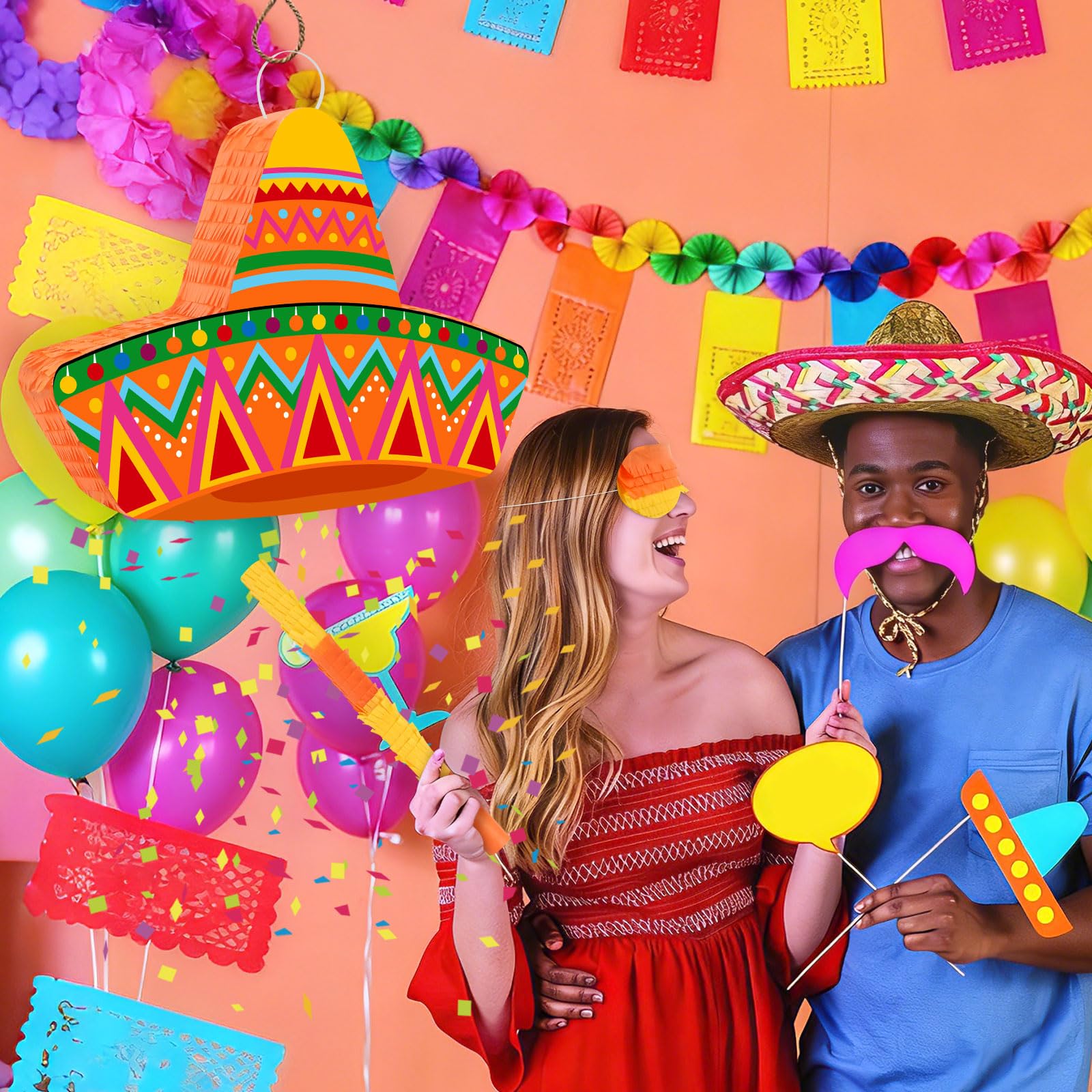 Hooqict Piñata mexicaine avec bandeau pour les yeux et bâton de chauve-souris pour décoration de fête, carnaval, Cinco de Mayo pour enfants et adultes