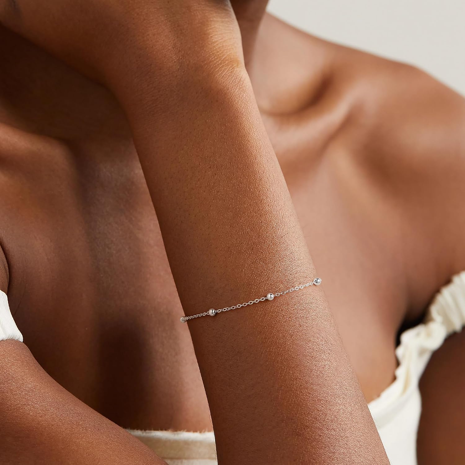 IEFWELL S925 Sterling Silver Bracelet for Women - 14K-Real-Gold-Plated Satellite Bead Chain Bracelet, 6.5/7/7.5/8/8.5/9 Inches Sterling Silver Chain Bracelets, Valentines Gifts Jewelry for Women