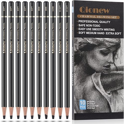 Qionew Juego de lápices profesionales de dibujo de carbón 10 lápices de carbón ex-suaves suaves medianos y duros para dibujar bocetar sombrear