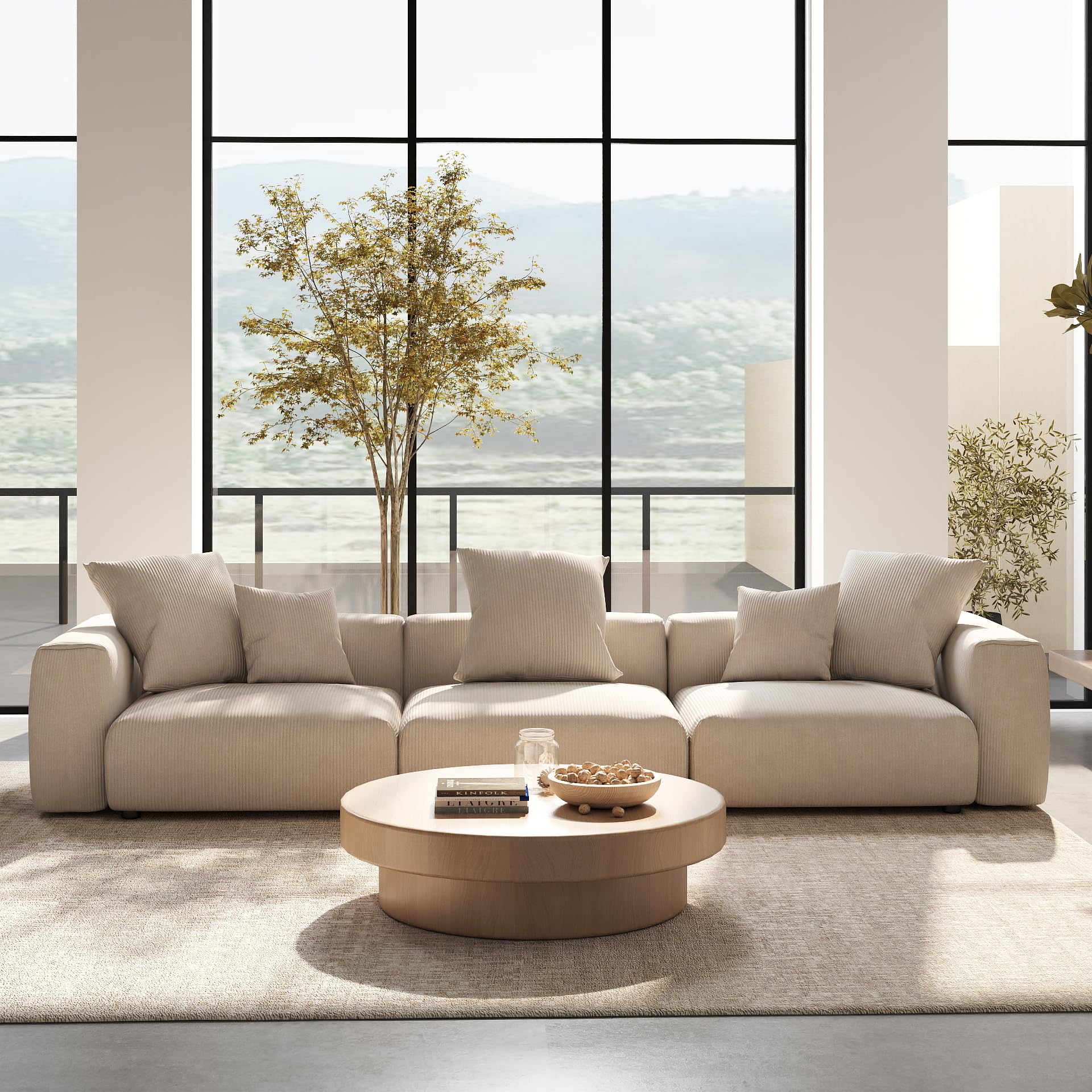 Sdorens 141.73" Modular Sectional Sofa, Oversized 3 Seater Sofa Couch with 5 Pillows, Cushion Covers Removable, Corduroy Fabric Beige Sofa Couches for