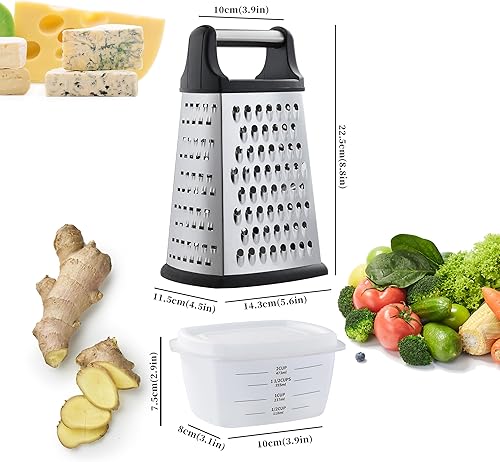 Miniatura 2 de Little Cook - Rallador de acero inoxidable de 4 lados, contenedor de almacenamiento desmontable de 3 tazas y marcas de medición con asa para cocina,