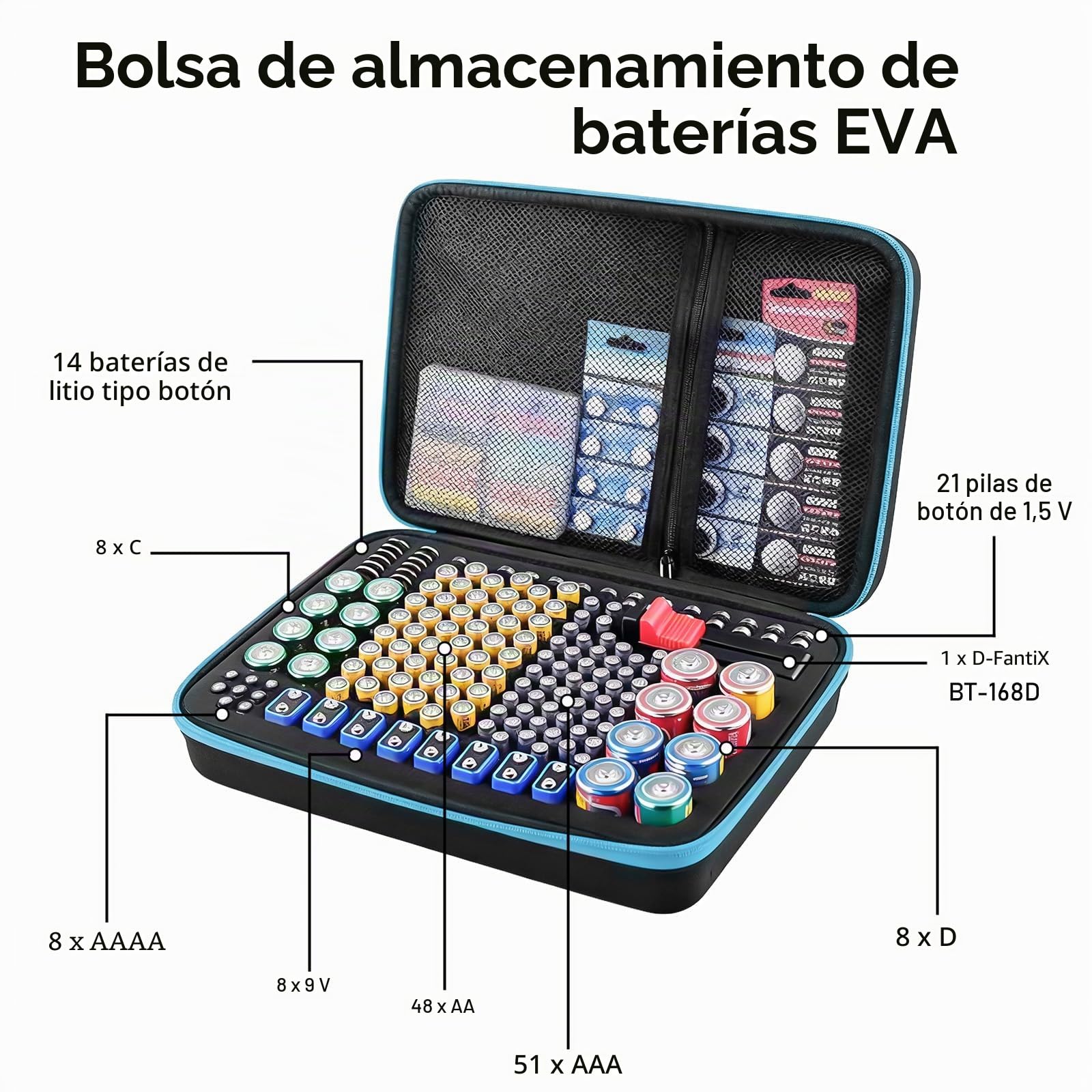 Caja de almacenamiento de batería, organizador de batería con 160 ranuras para pilas de 2 A, 3 A, 4 A, AAA, C, D, 9 V y pilas de botón de litio de 3 V, incluye comprobador BT-168 (sin pilas)