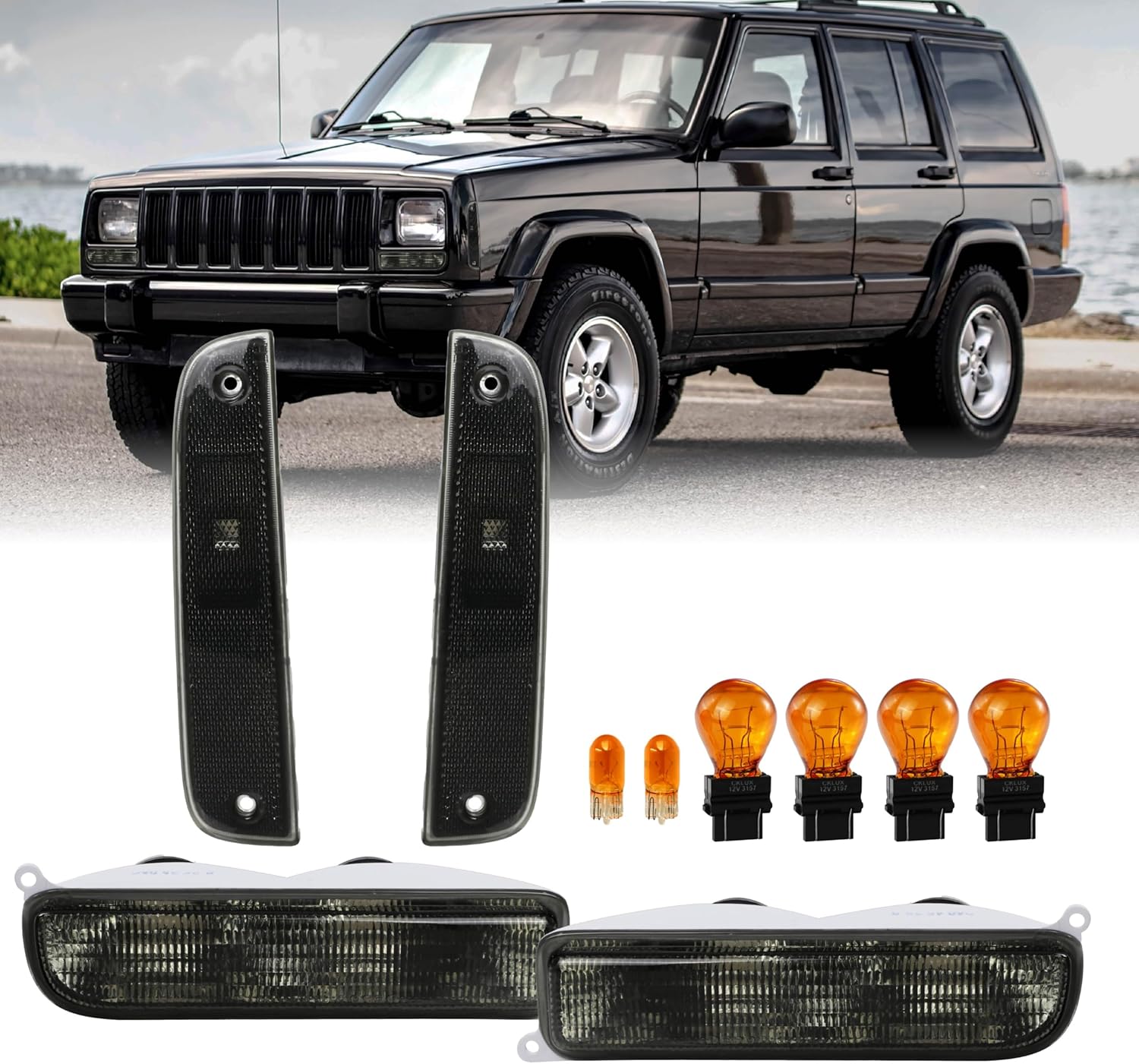 DEPO Smoke Bumper Turn Signals & Corner Side Markers for 1997-2001 Jeep Cherokee XJ - 4pc Plug & Play Combo