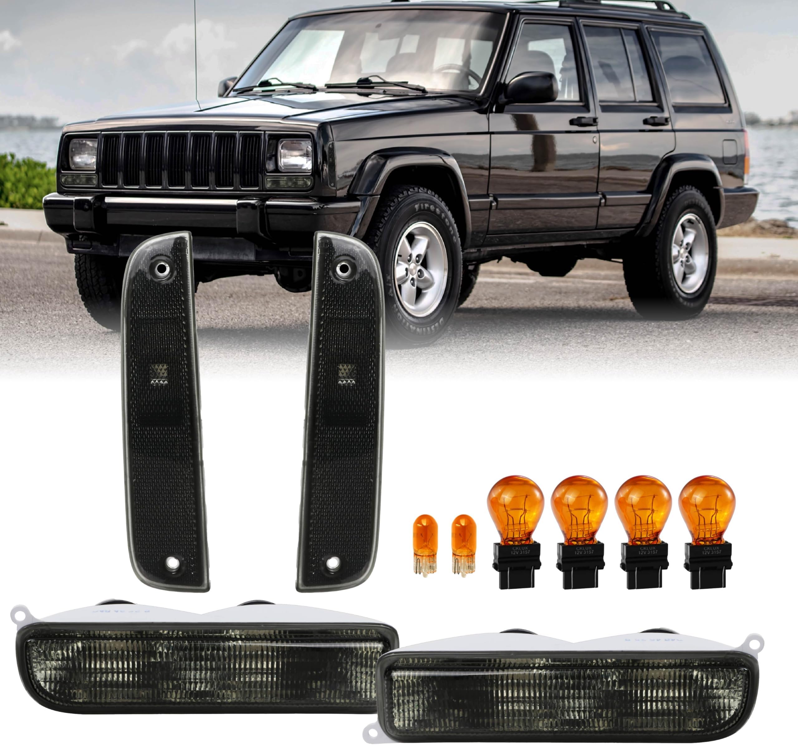 DEPO 4 Pieces COMBO Smoke Bumper Turn Signal Lights + Corner Side Marker Lamp Set (Left + Right) Compatible with 1997-2001 Cherokee XJ Chassis