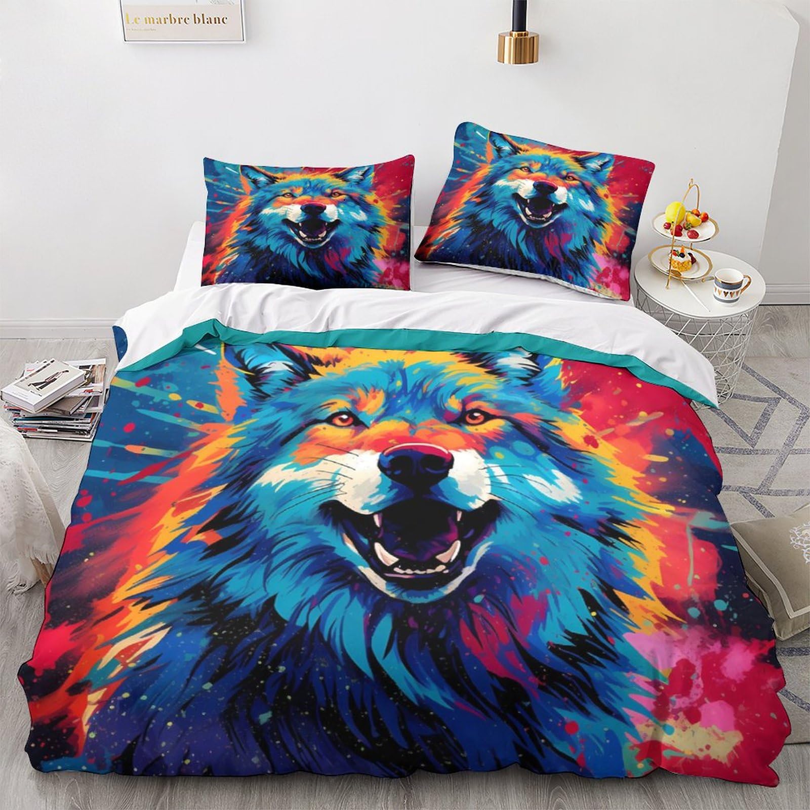 Housse de couette loup 3D King size 220x240 cm parure de lit microfibre avec taies