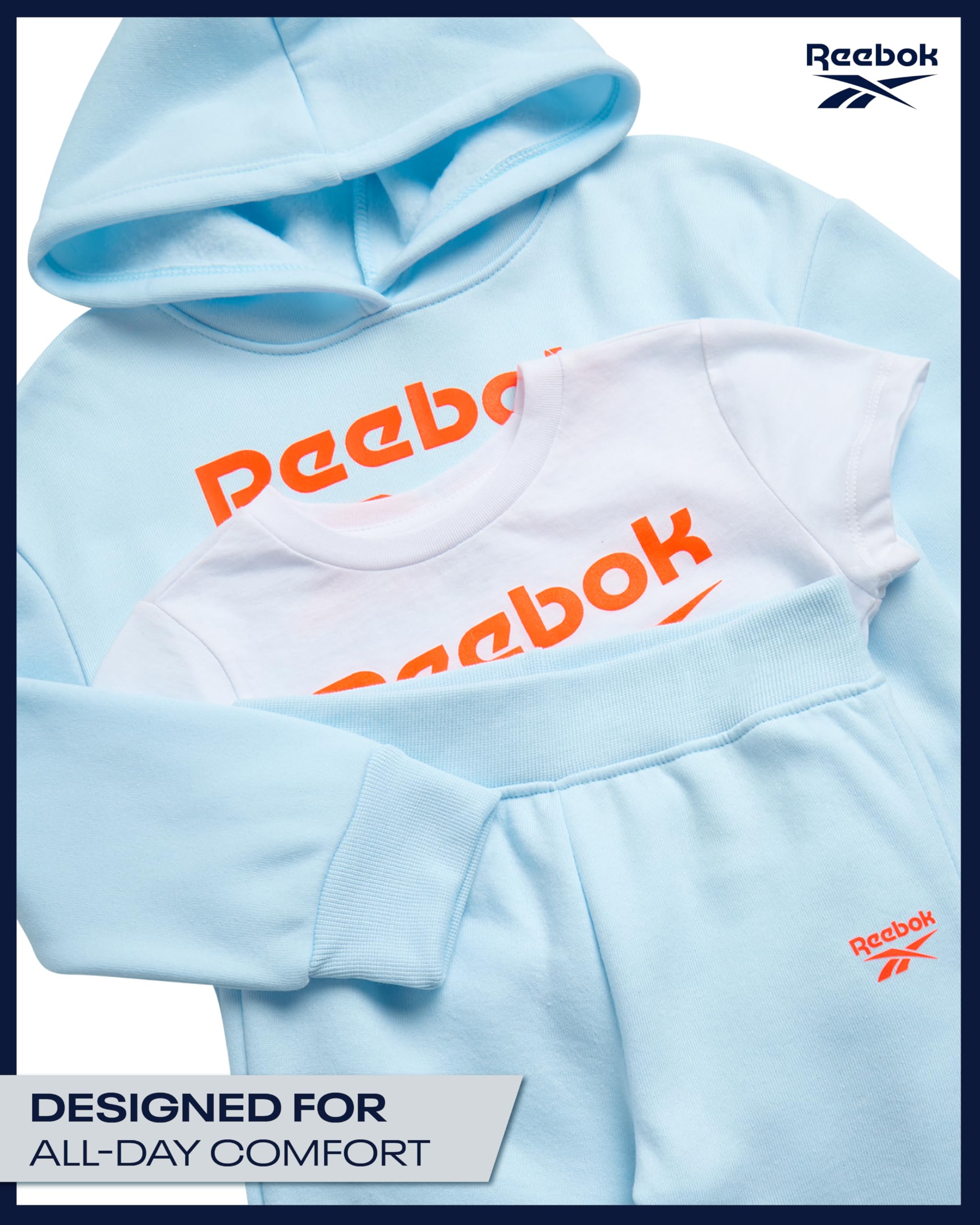 Reebok Conjunto de ropa deportiva para bebés y niñas pequeñas, conjunto de 3 piezas de sudadera con capucha y pantalones deportivos para niñas