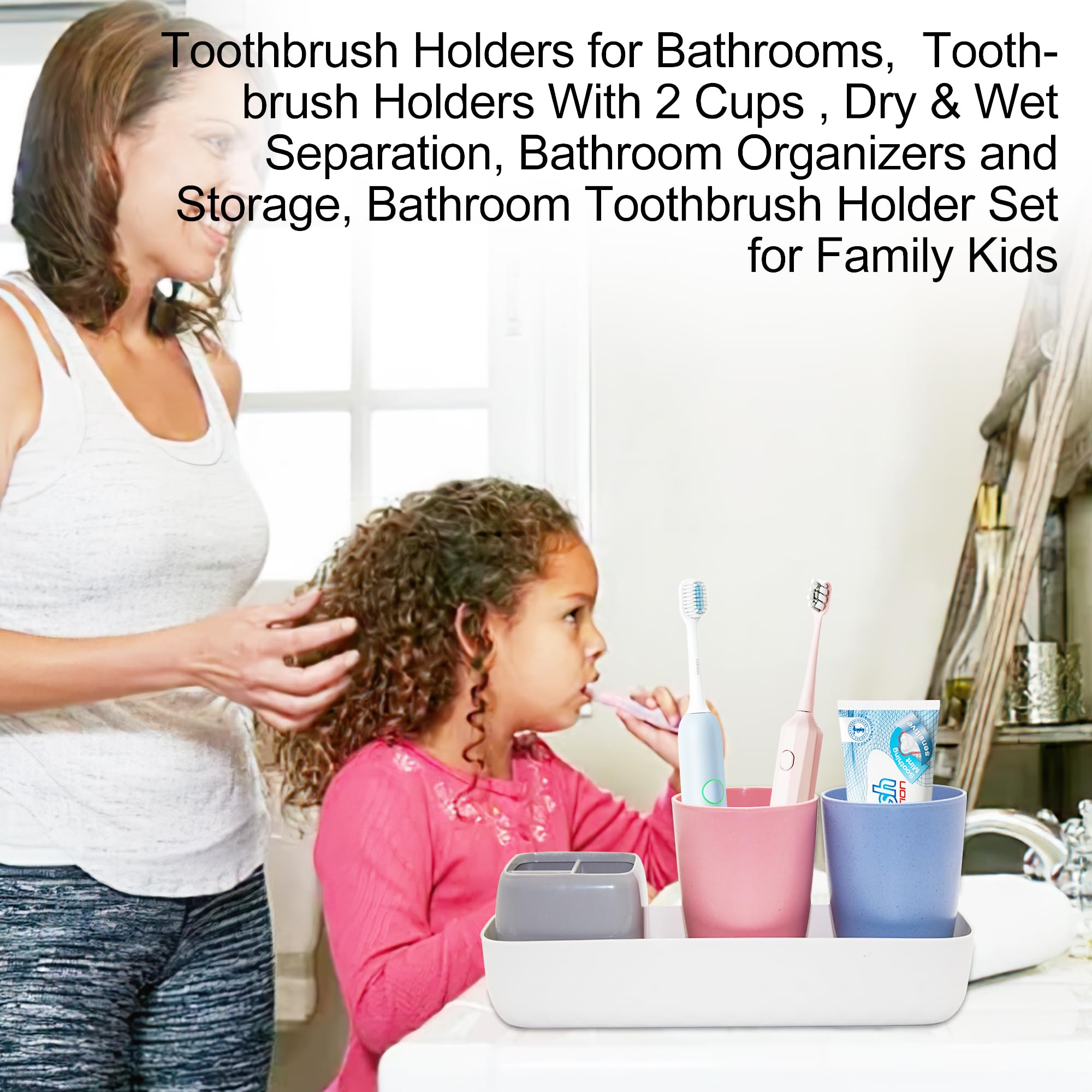 Boershun Tandenborstelhouder Tandpasta Dispenser voor Badkamer Vanity Organizer Aanrecht, 2 Badkamer Bekers, Elektrische Tandenborstelhouder, Kinderen Badkamer Decor Accessoires en