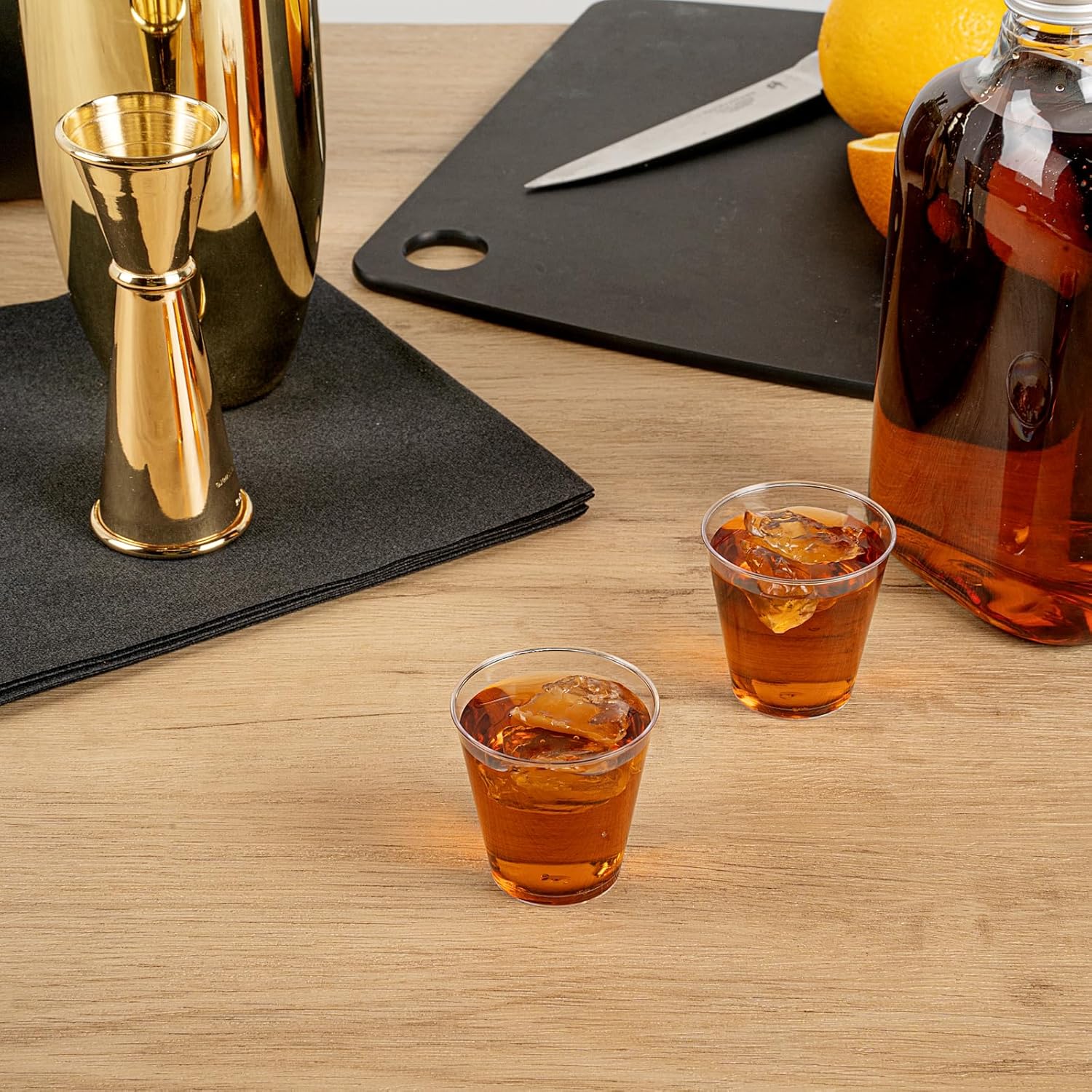 Restaurantware RW Base 2 Ounce Party Cups 500 Disposable Shot Glasses - With Rolled Rim Round Clear Plastic Cocktail Glasses Serve Vodka Tequila Or Whiskey For Birthdays Weddings And More